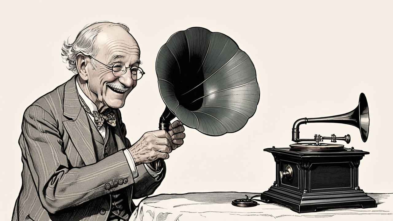 Elderly Man Enjoys Music from Antique Gramophone