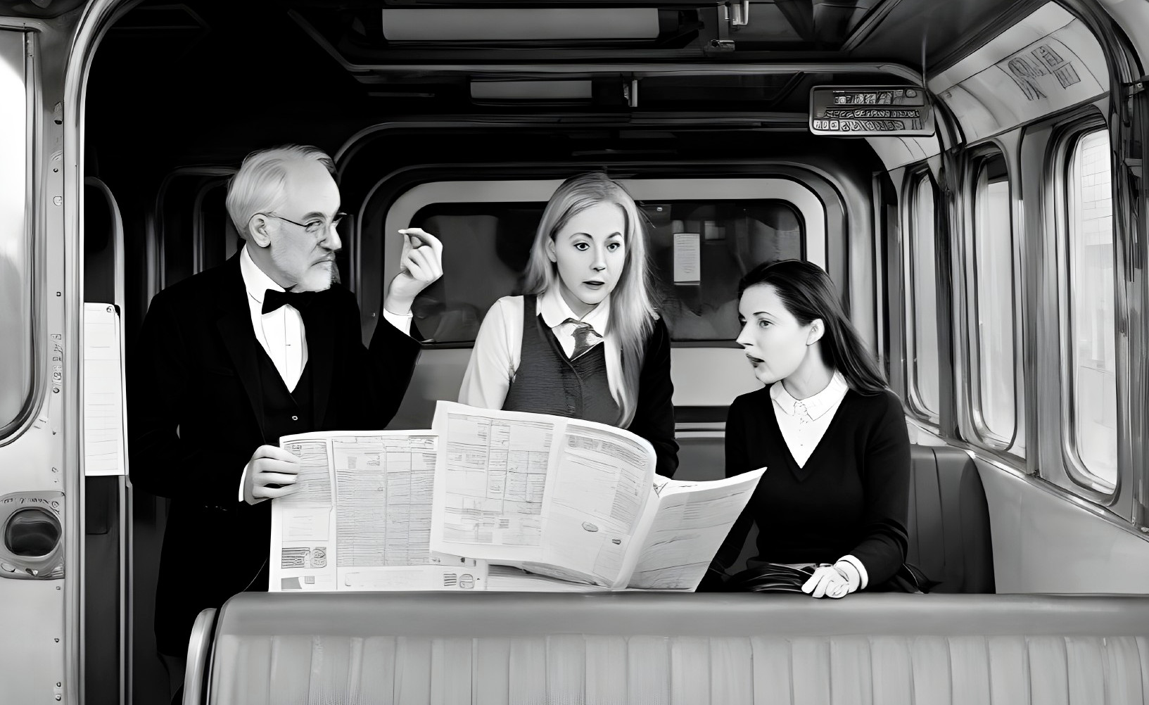 Three People Engaged in Discussion on a Train