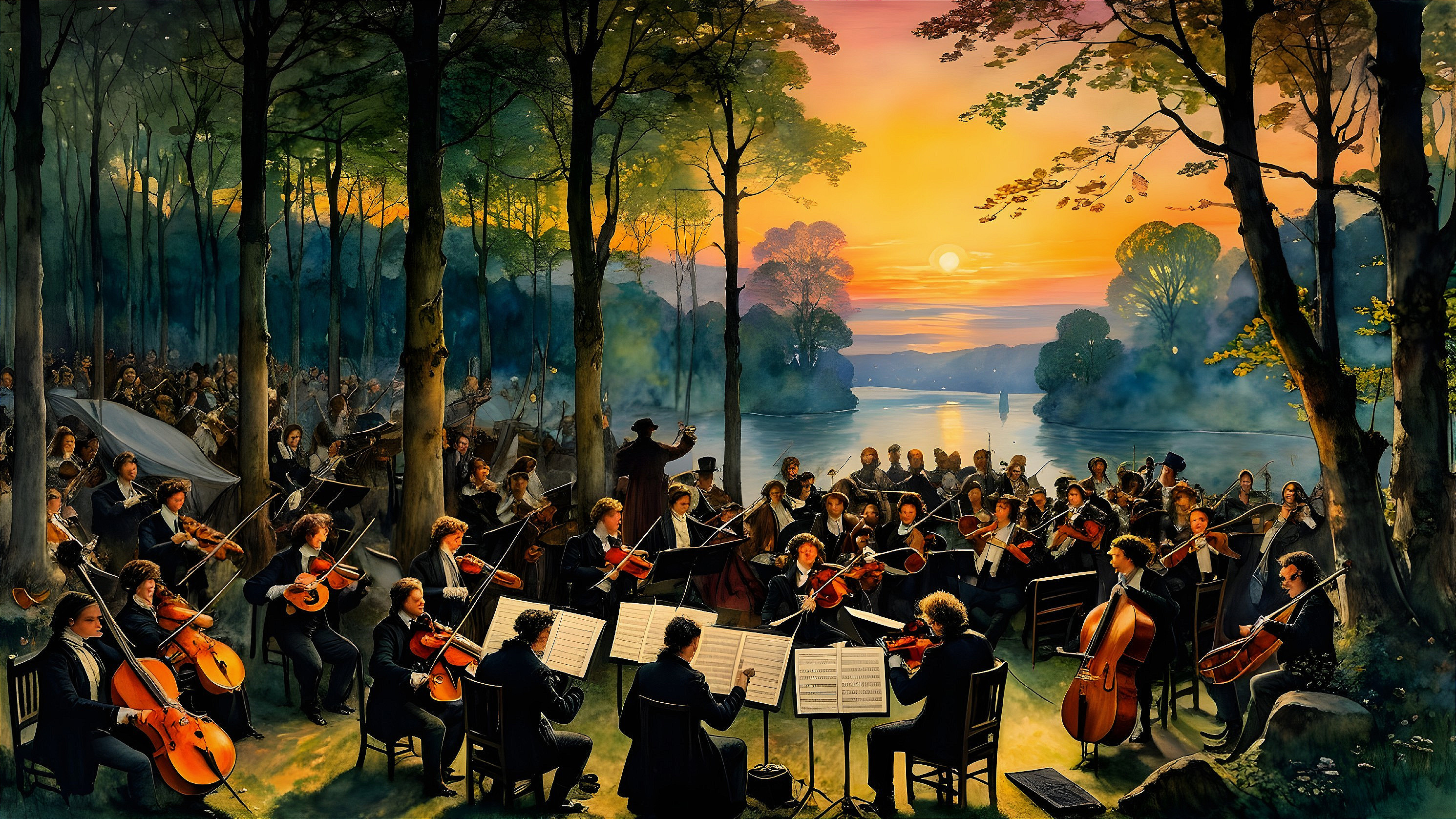 Orchestral Performance in a Forest at Sunset