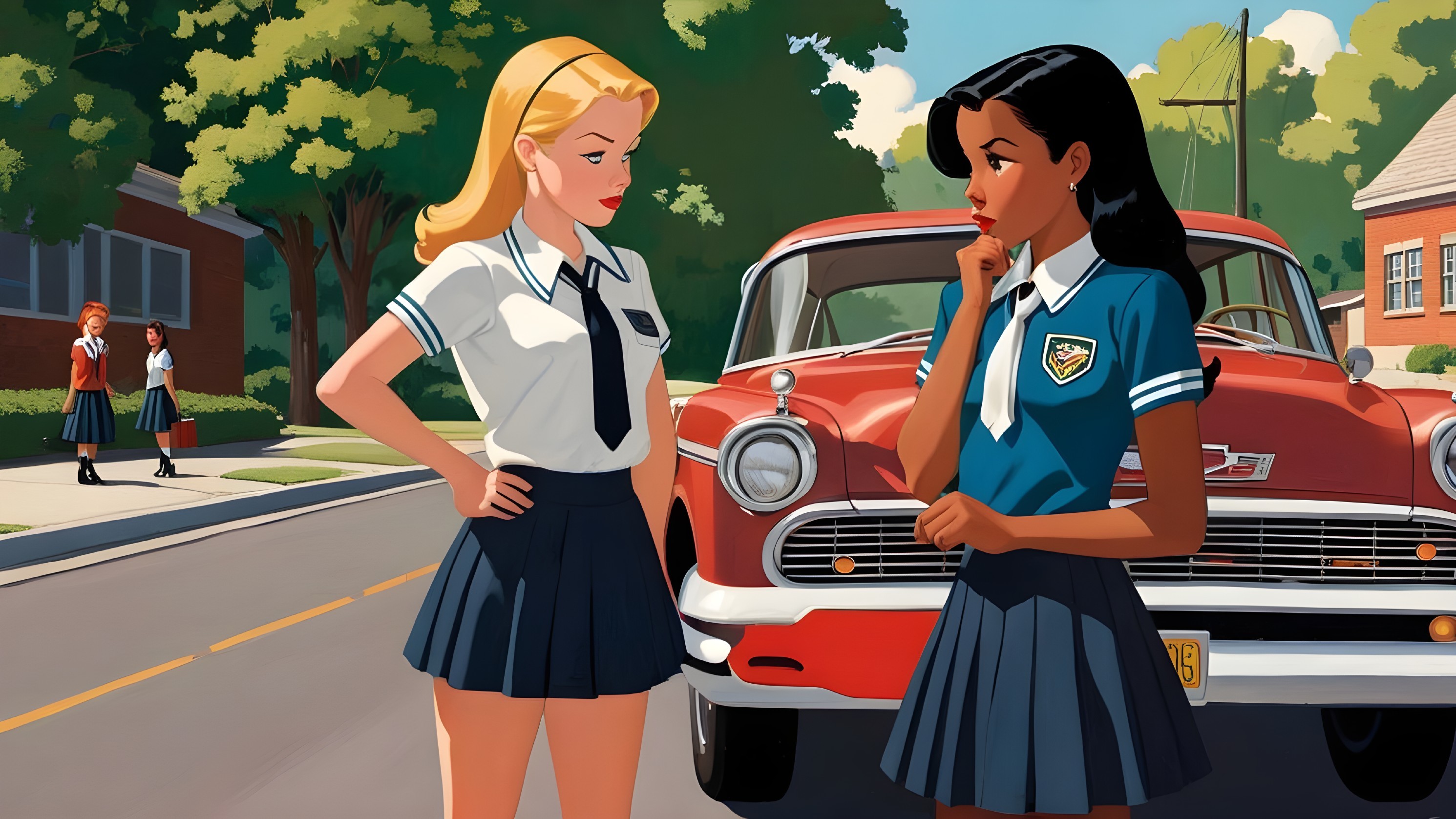 High School Girls in Matching Outfits by Vintage Car