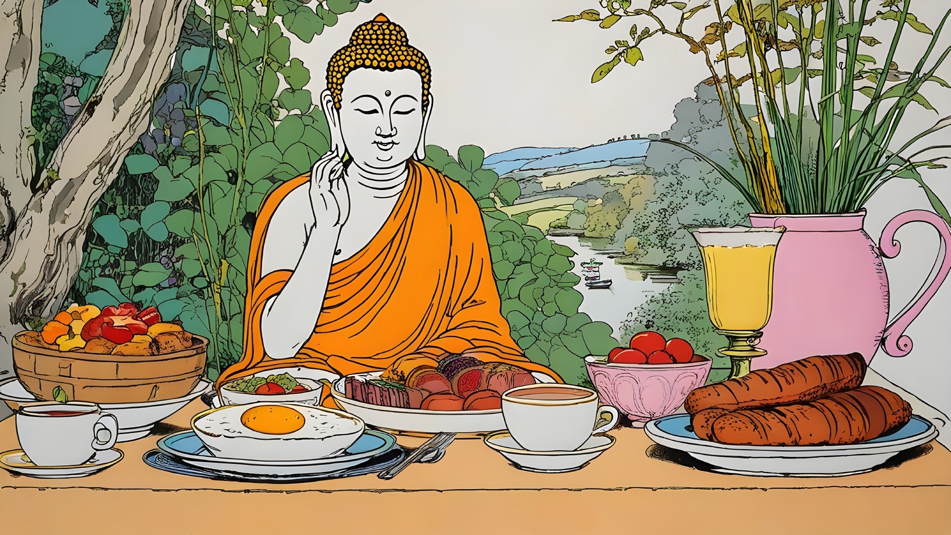 Buddha Figure Surrounded by Vibrant Dishes and Nature