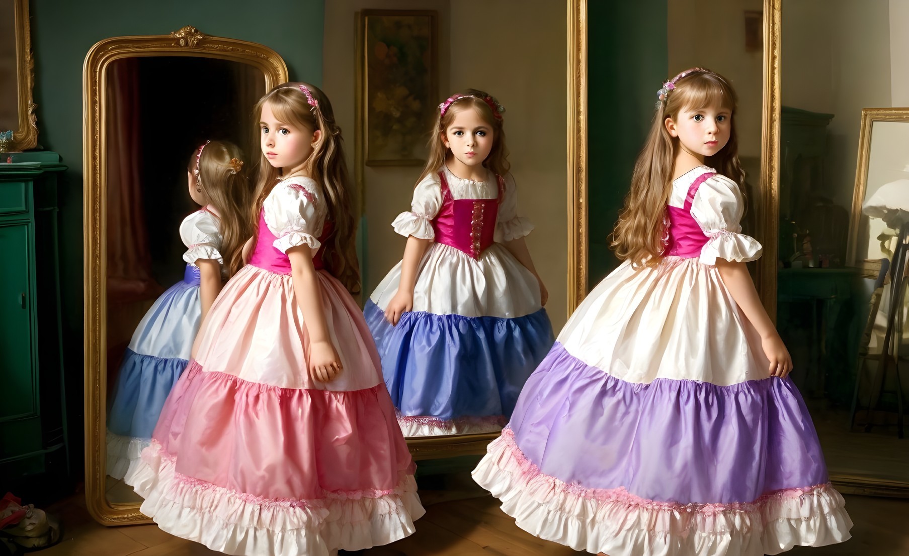 Three Girls in Colorful Dresses by Vintage Mirrors