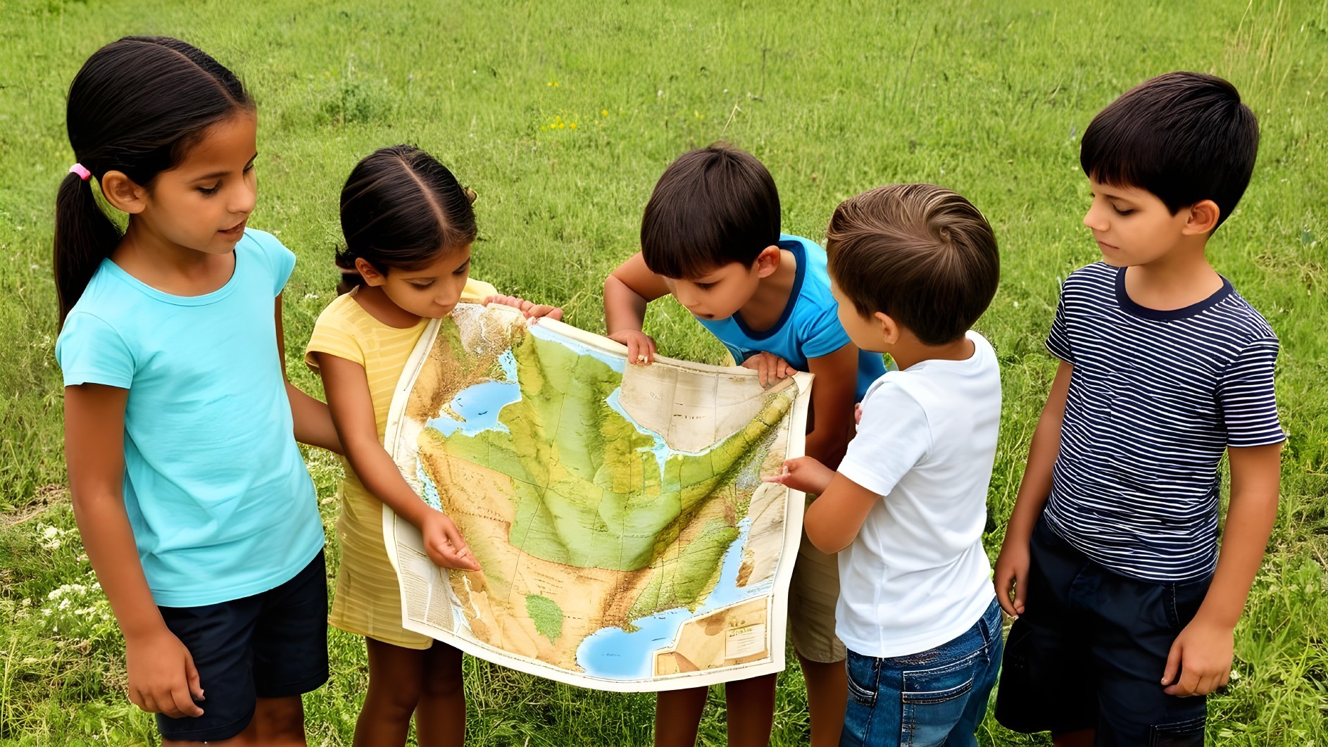Children Examining Map on Green Grass Outdoors