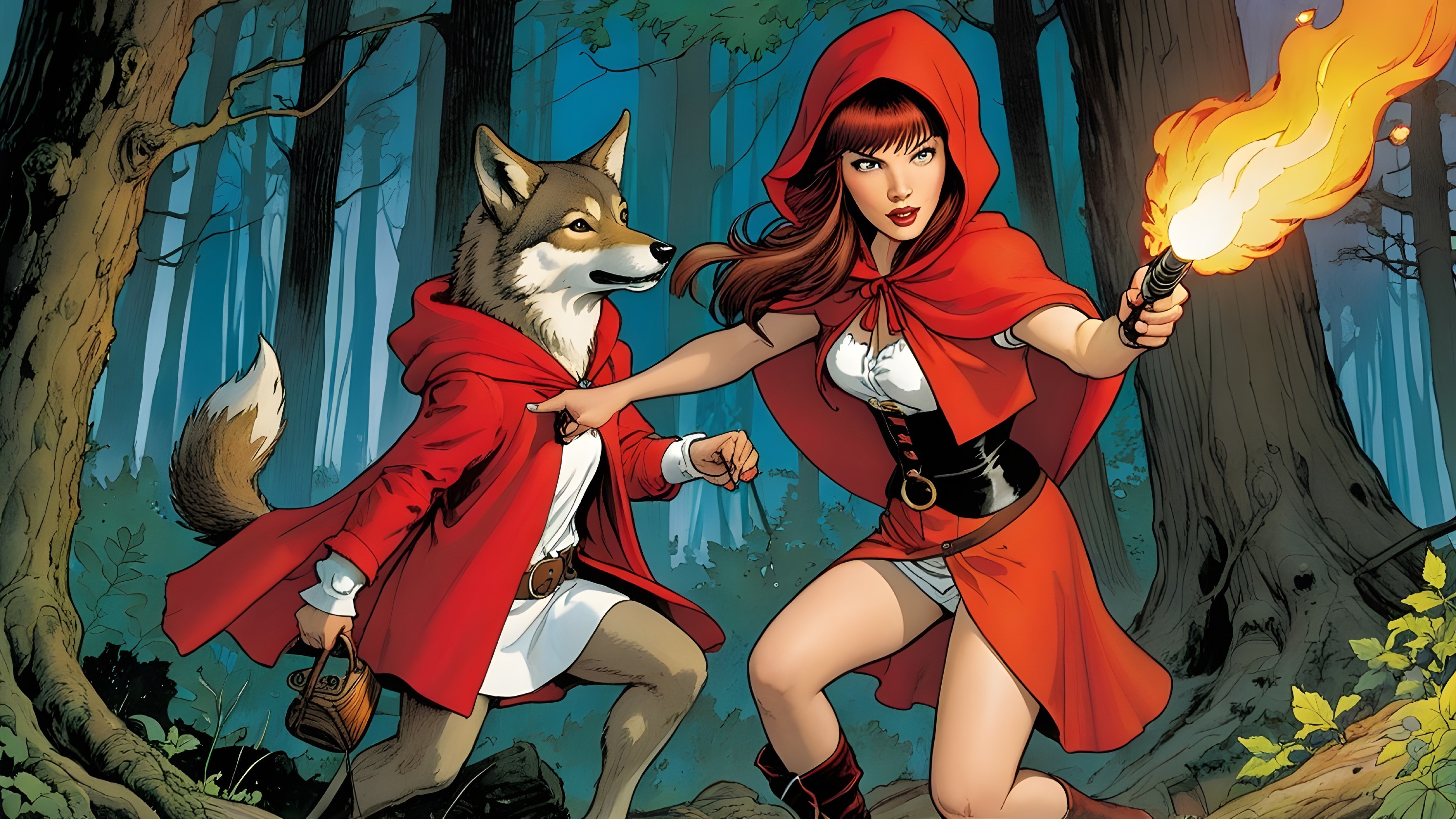 Young Woman and Wolf in Cloaks in Mystical Forest