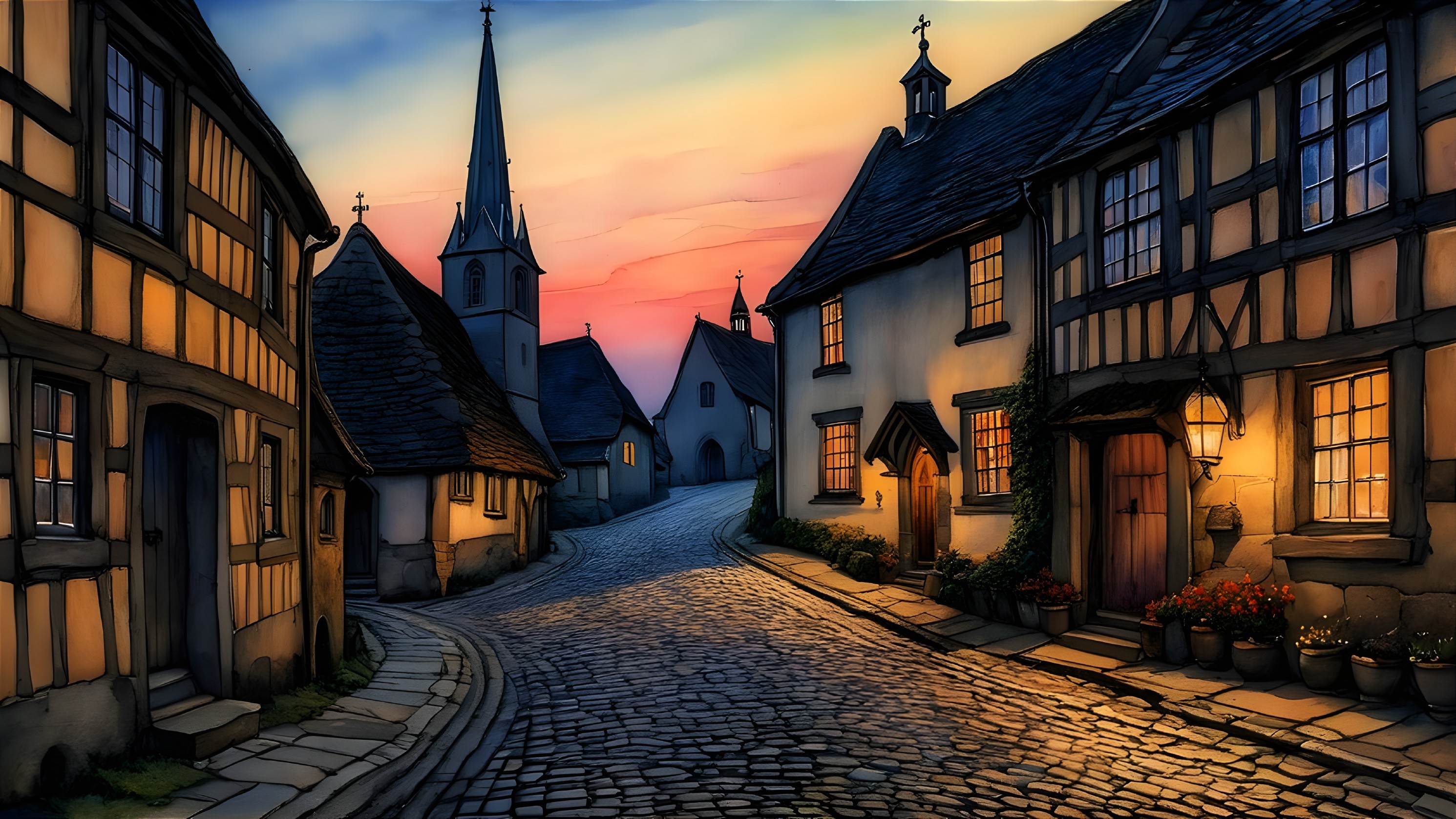 Twilight Village Scene with Timber-Framed Houses