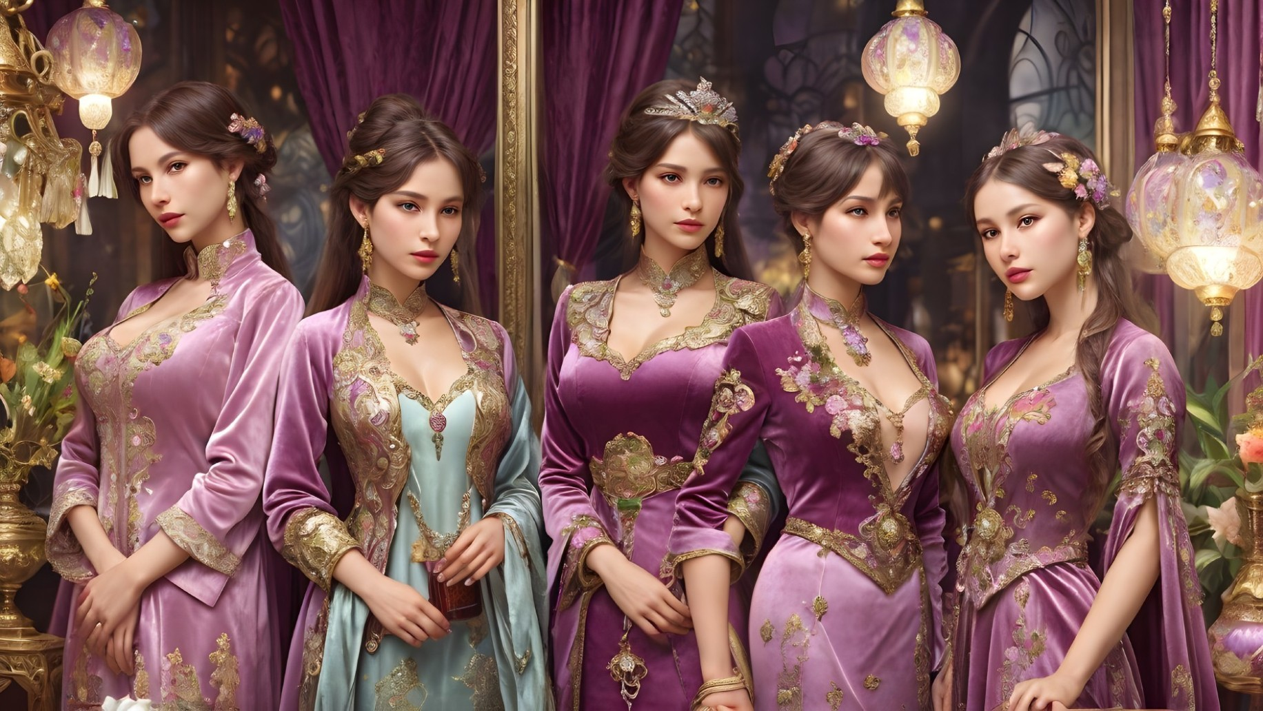 Elegant Women in Luxurious Velvet Dresses and Jewelry