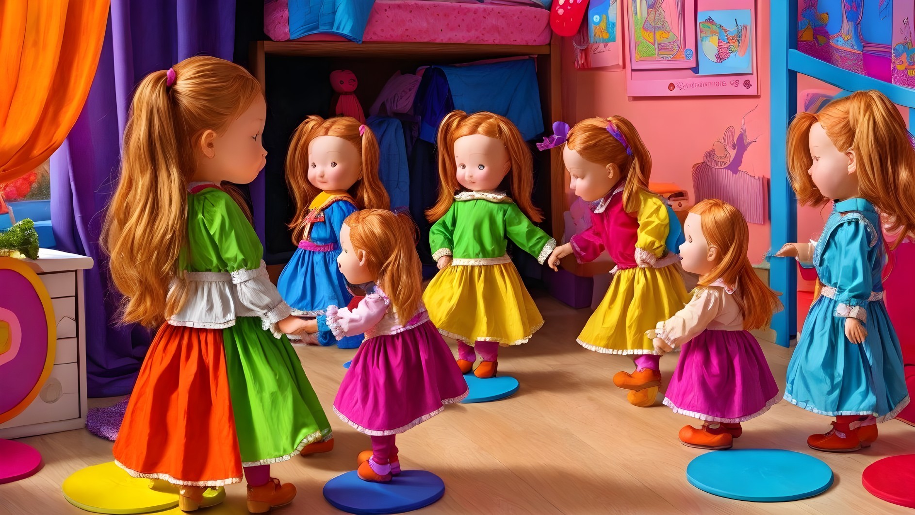 Colorful Dolls Dancing in a Playful Room Setting