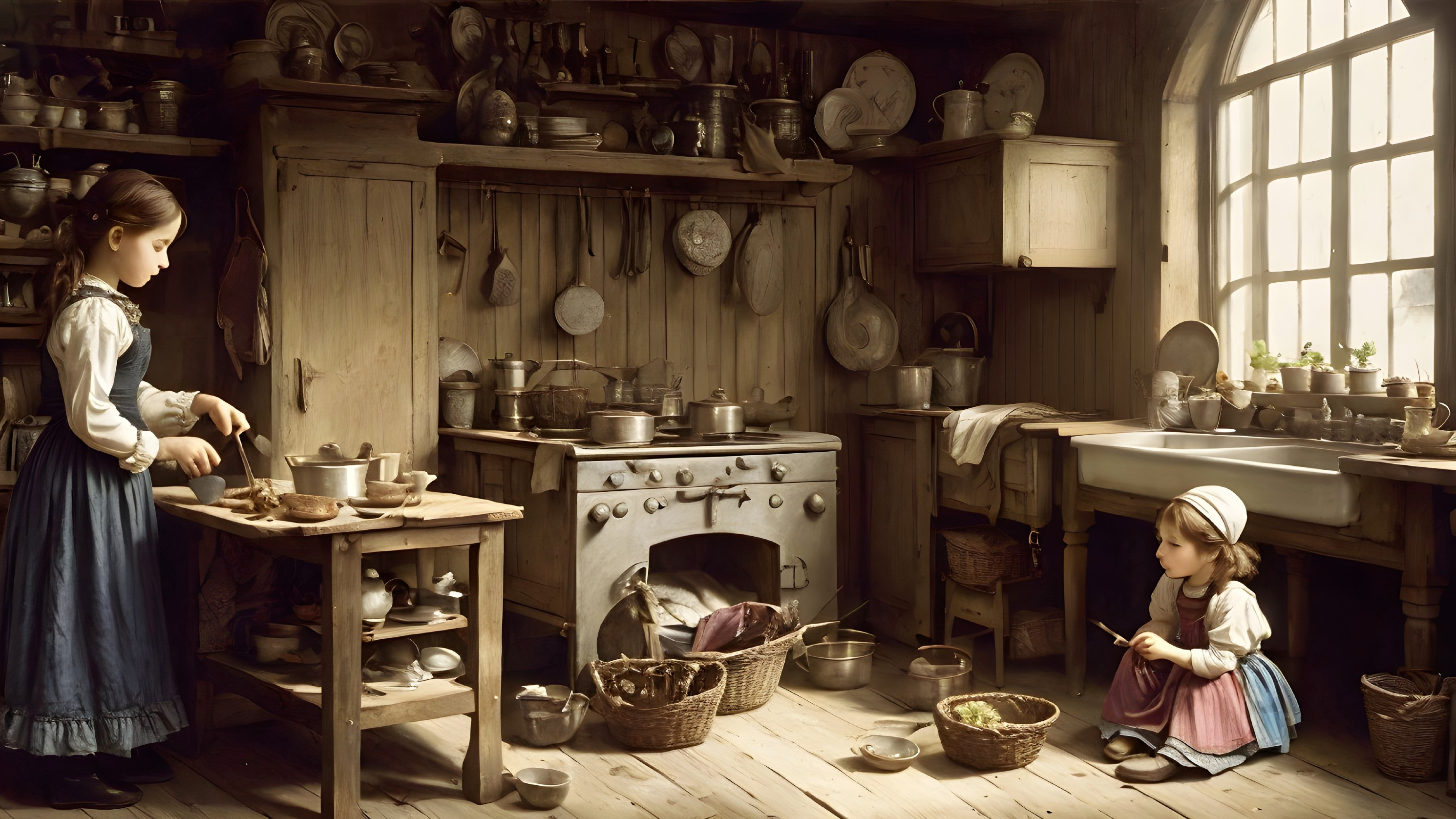 Rustic kitchen scene with girls cooking and sunlight