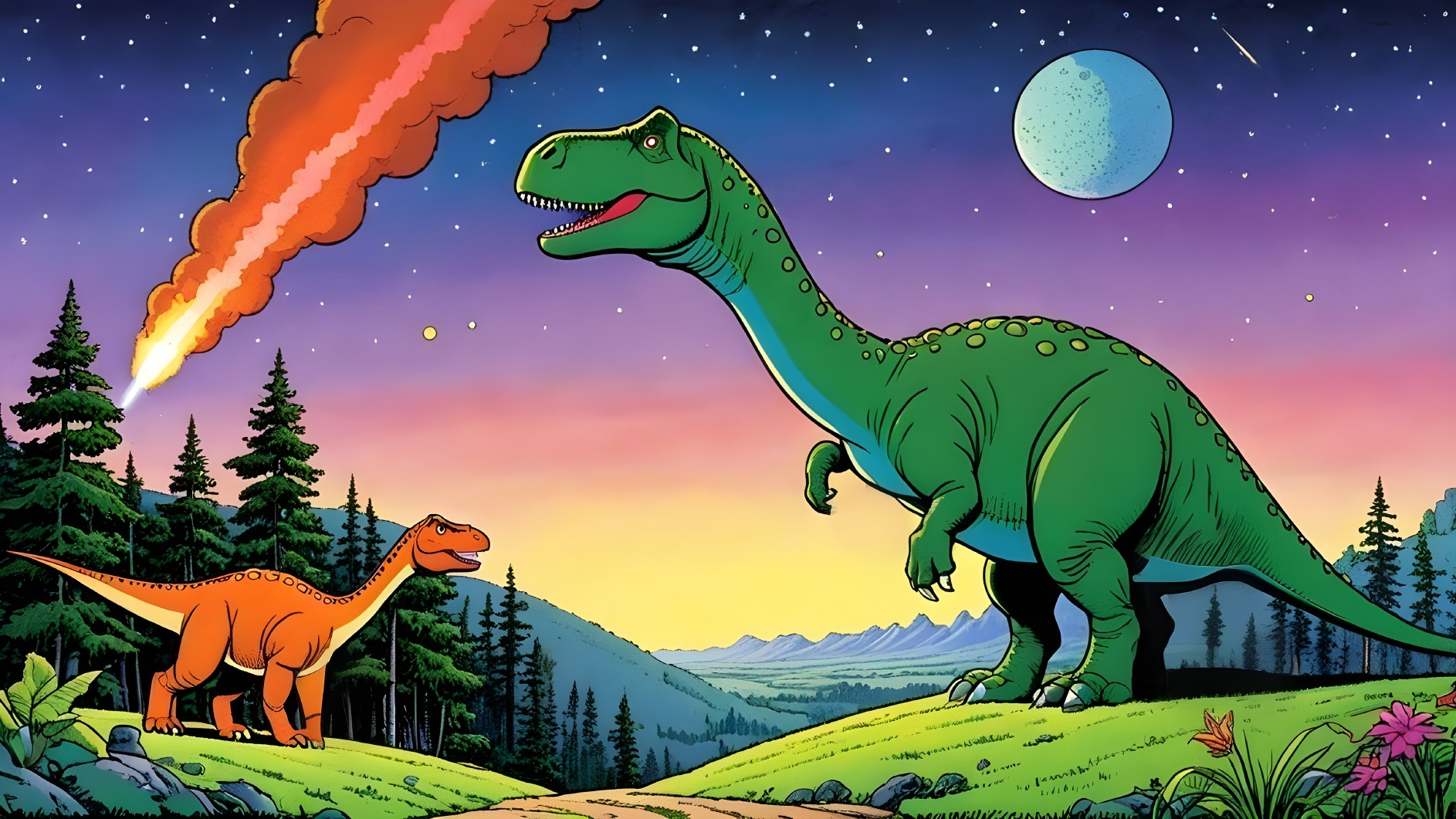 Cartoon Dinosaurs in a Prehistoric Sunset Landscape