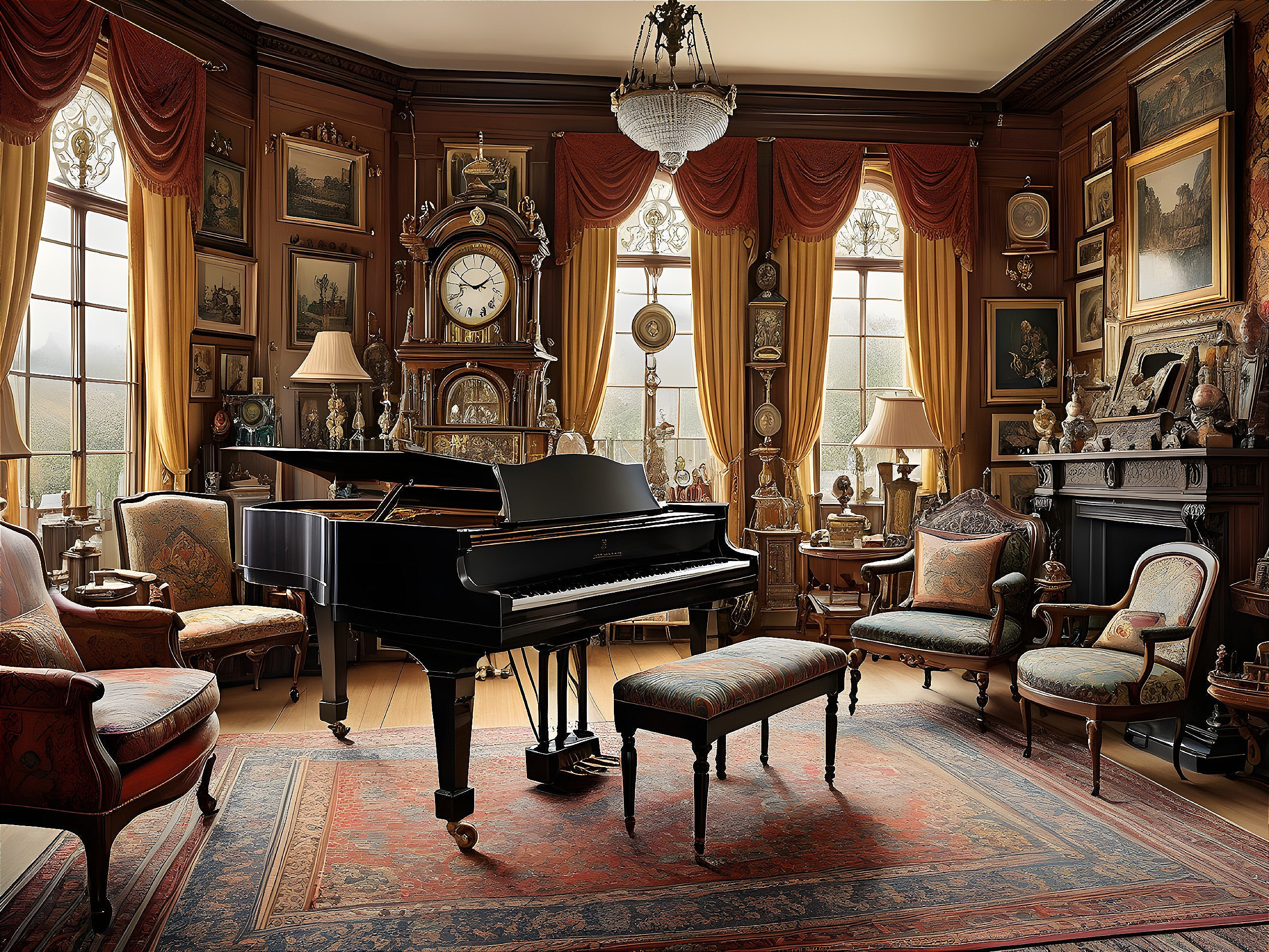 Elegant Room with Grand Piano and Antique Decor