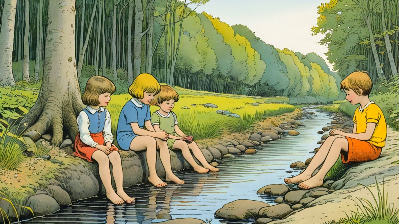Children by a Creek in a Serene Forest Setting