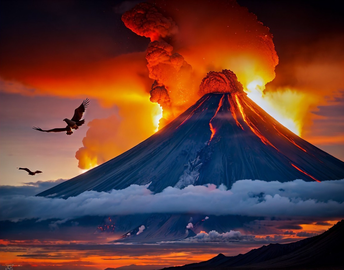 Volcano Eruption at Sunset with Soaring Birds