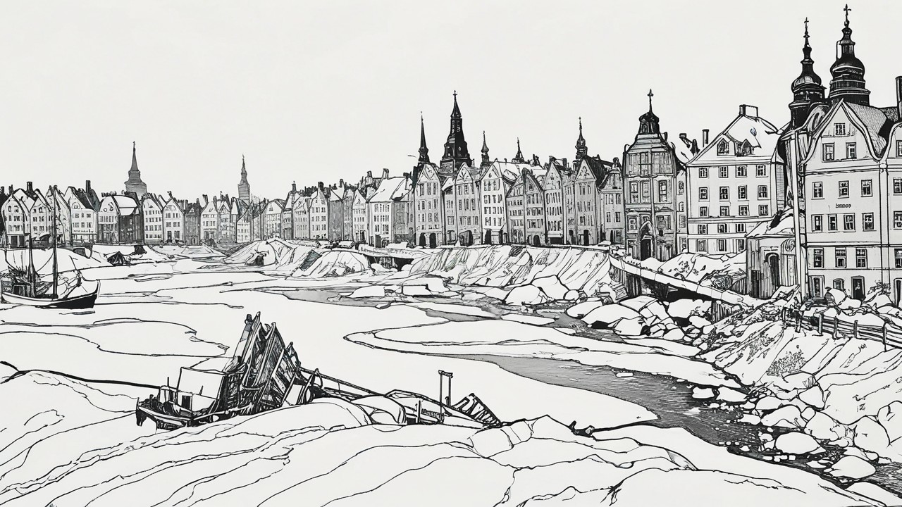 Monochrome Illustration of Winter Harbor Town Scene