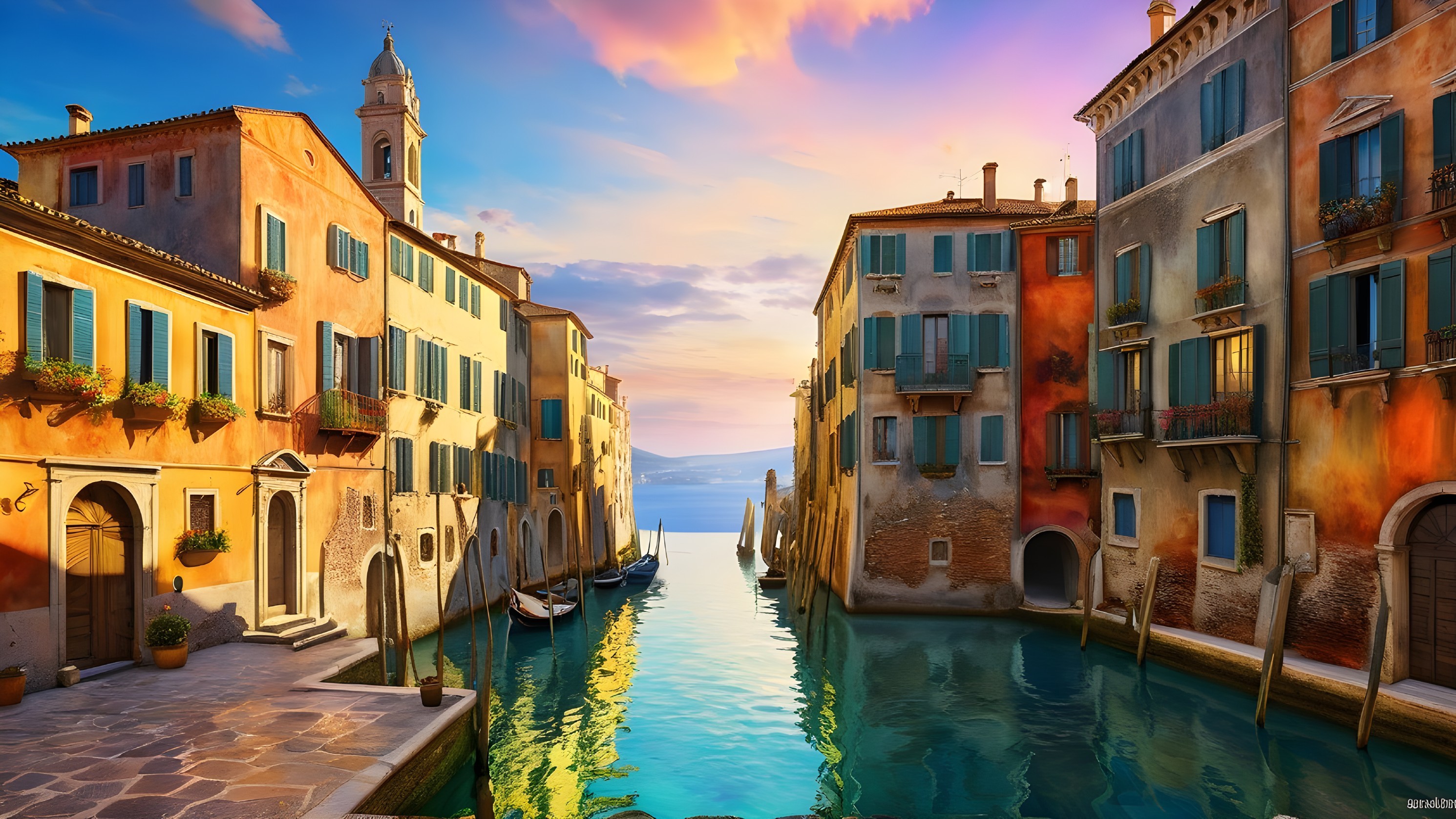 Italian Canal Scene at Sunset with Colorful Buildings