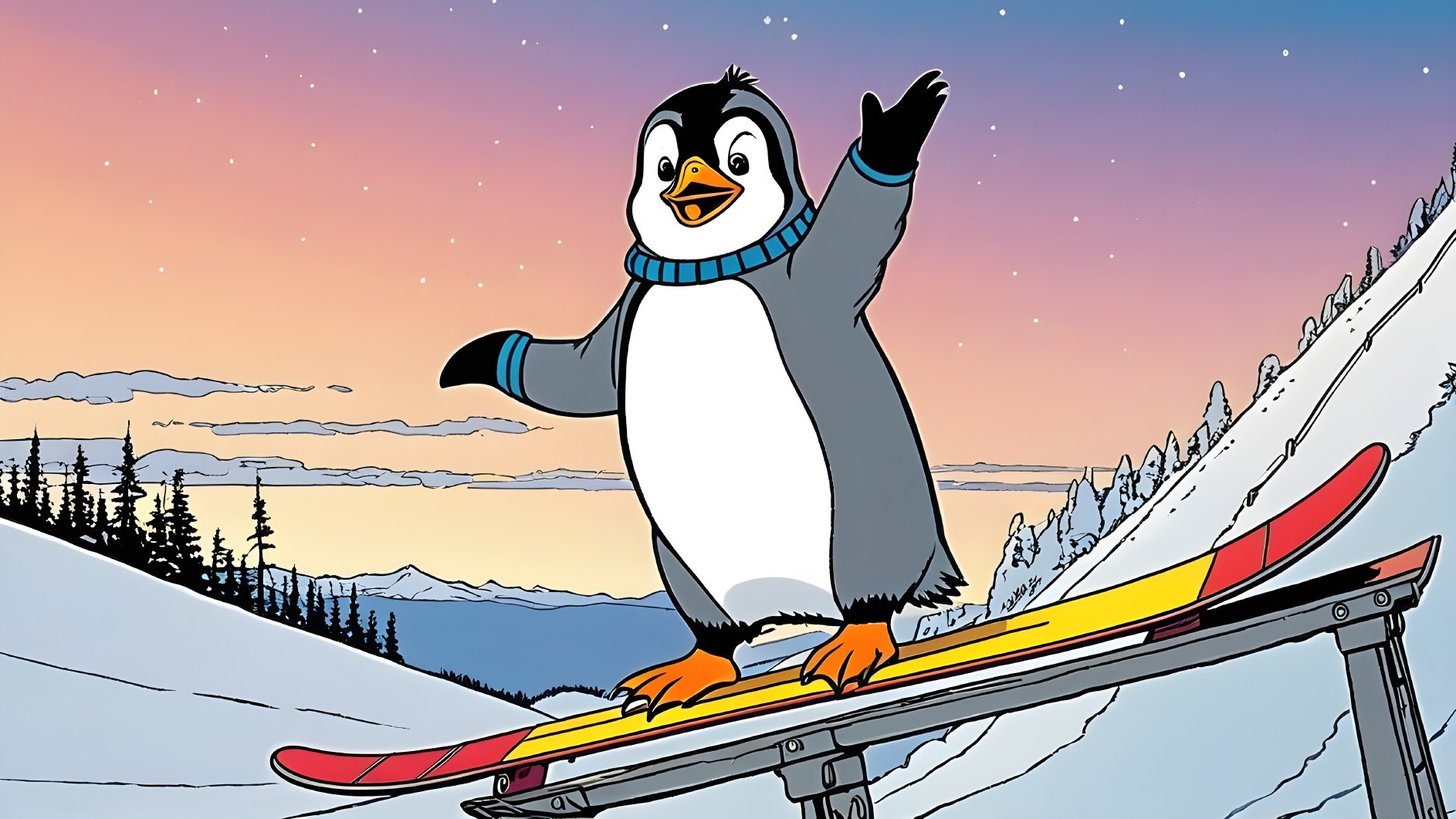 Cartoon penguin on snowboard in snowy landscape