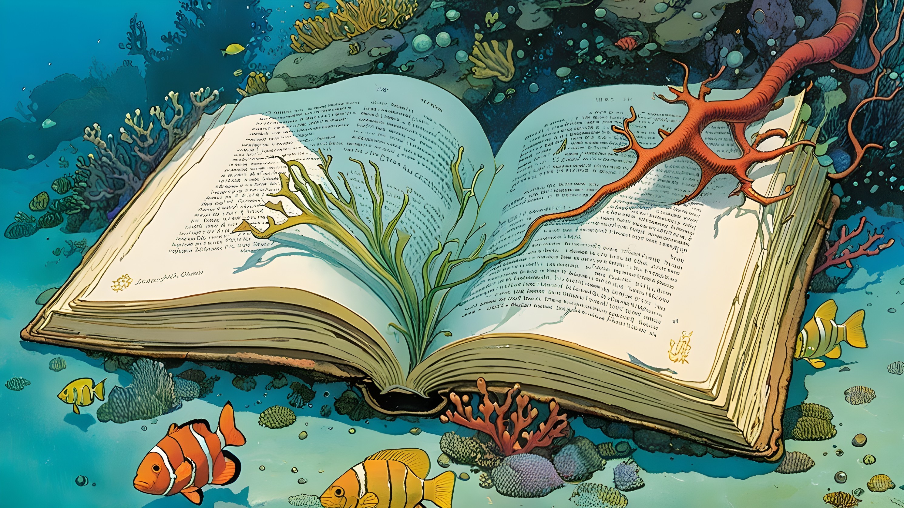 Open Book on Ocean Floor Surrounded by Coral and Fish