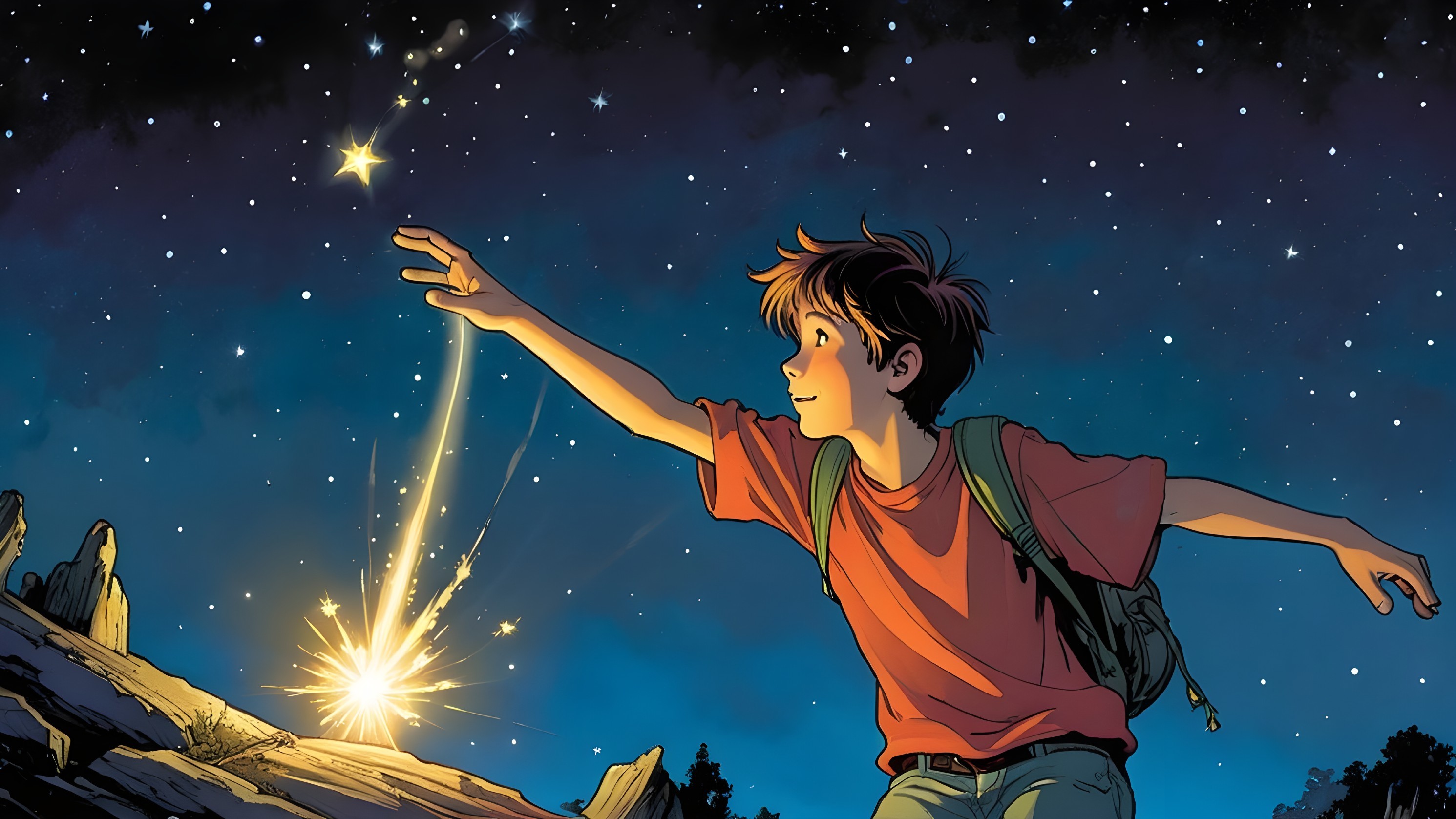 Young boy reaching for a falling star in night sky