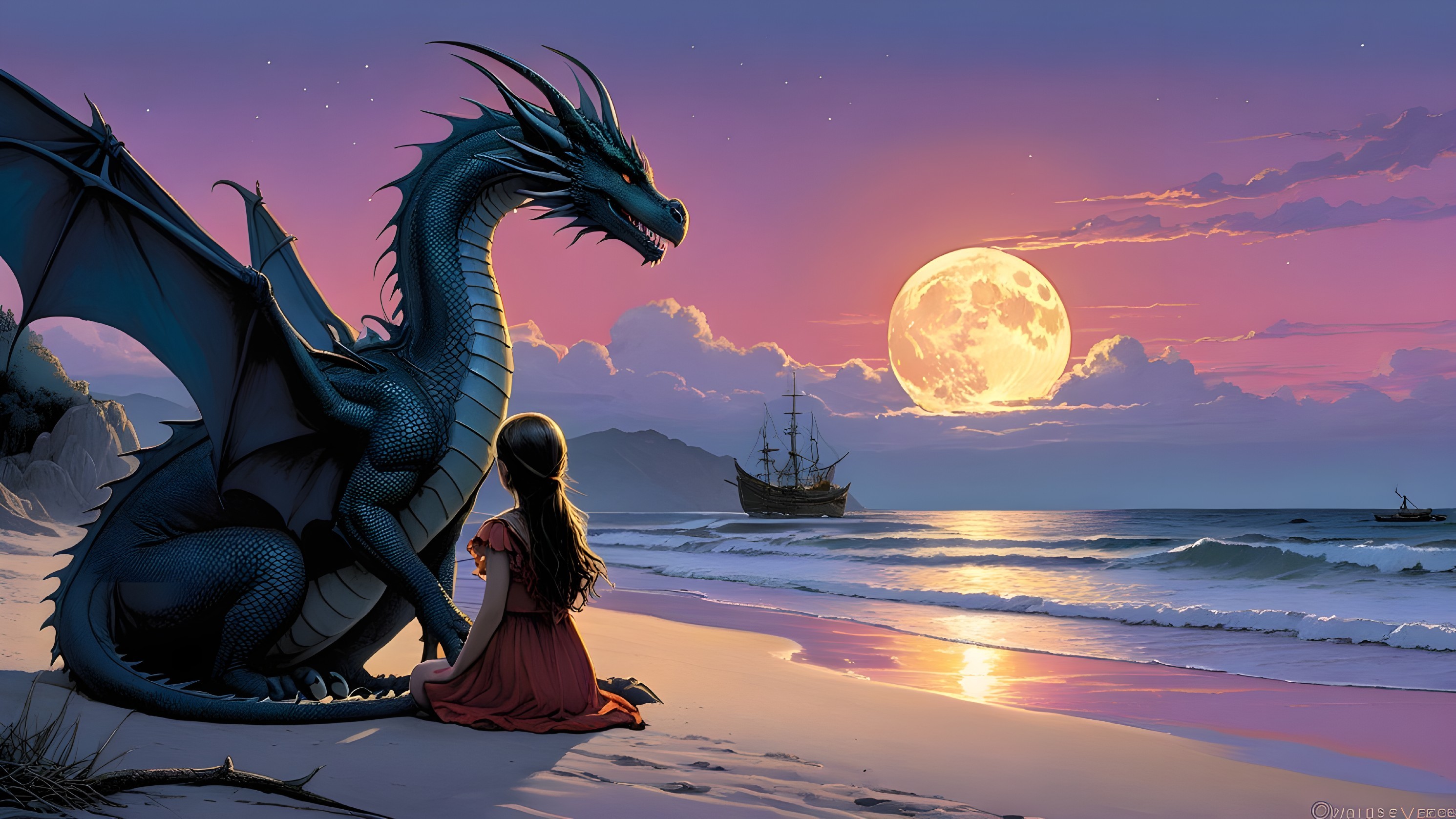 Twilight Beach Scene with Dragon and Girl in Red Dress
