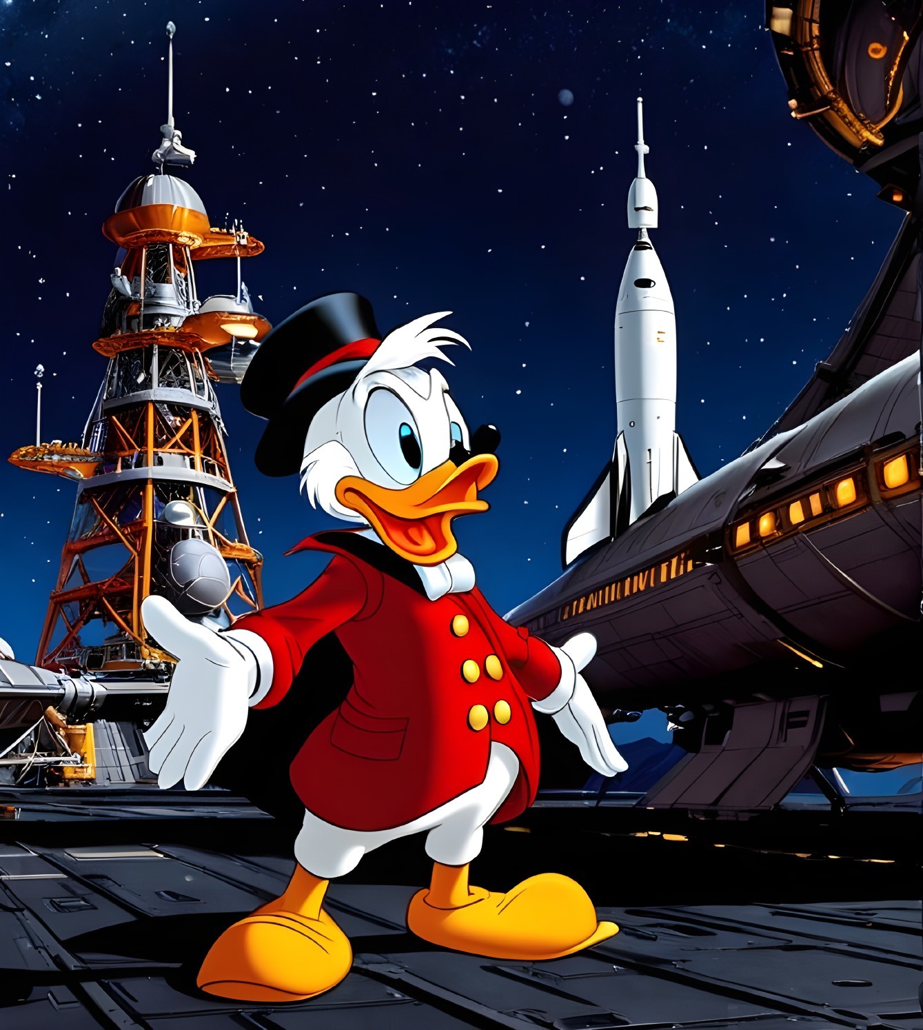 Scrooge McDuck in Outer Space with Futuristic Elements