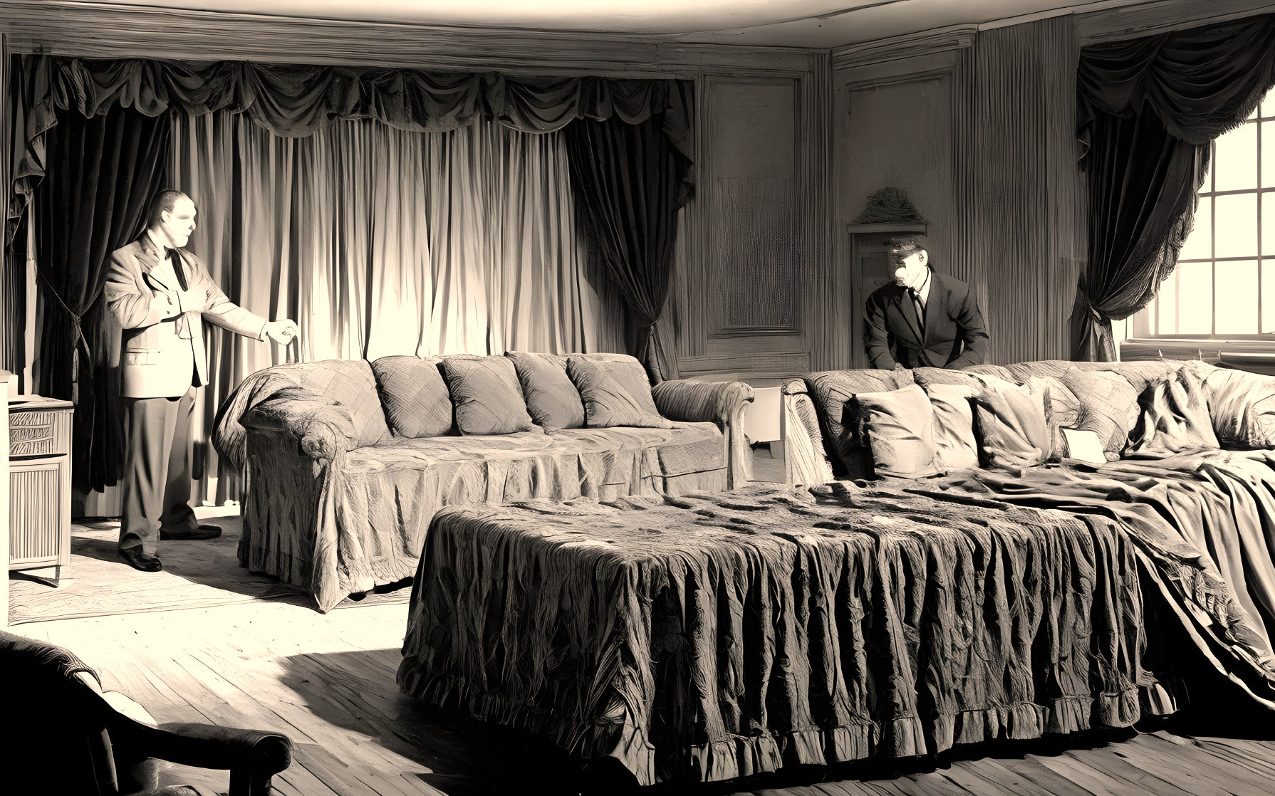 Elegant Room with Two Men and Plush Furniture