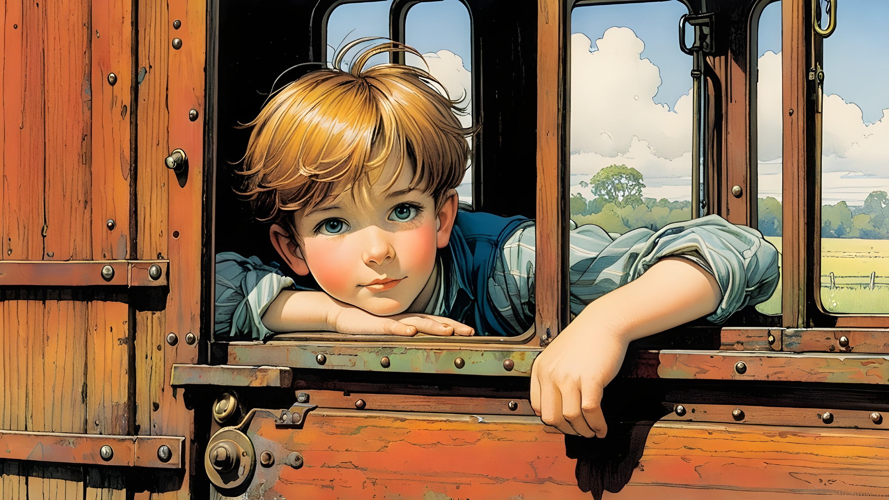 Young Boy Gazing from Train Window in Countryside