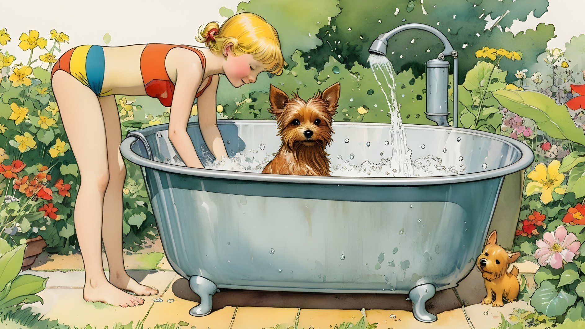 Young Girl Bathing Dog in Vintage Bathtub Outdoors
