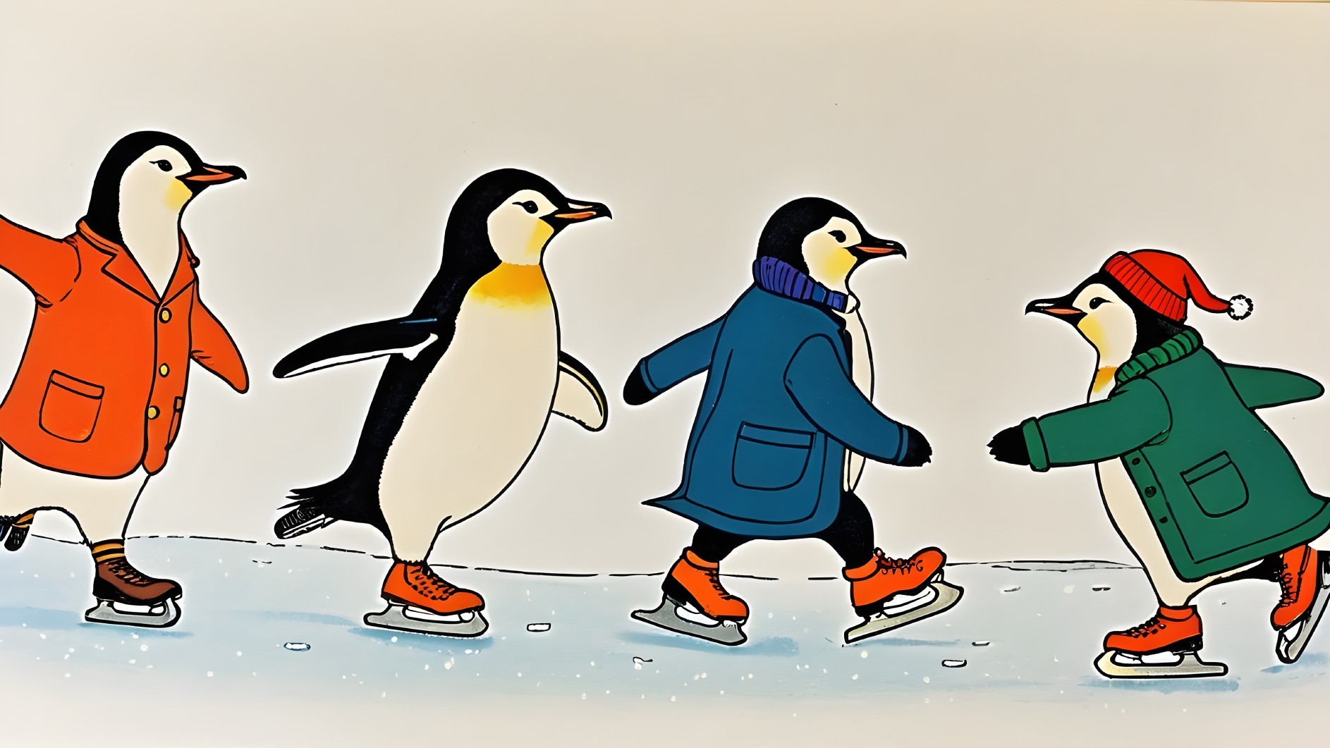 Whimsical Illustration of Playful Ice Skating Penguins