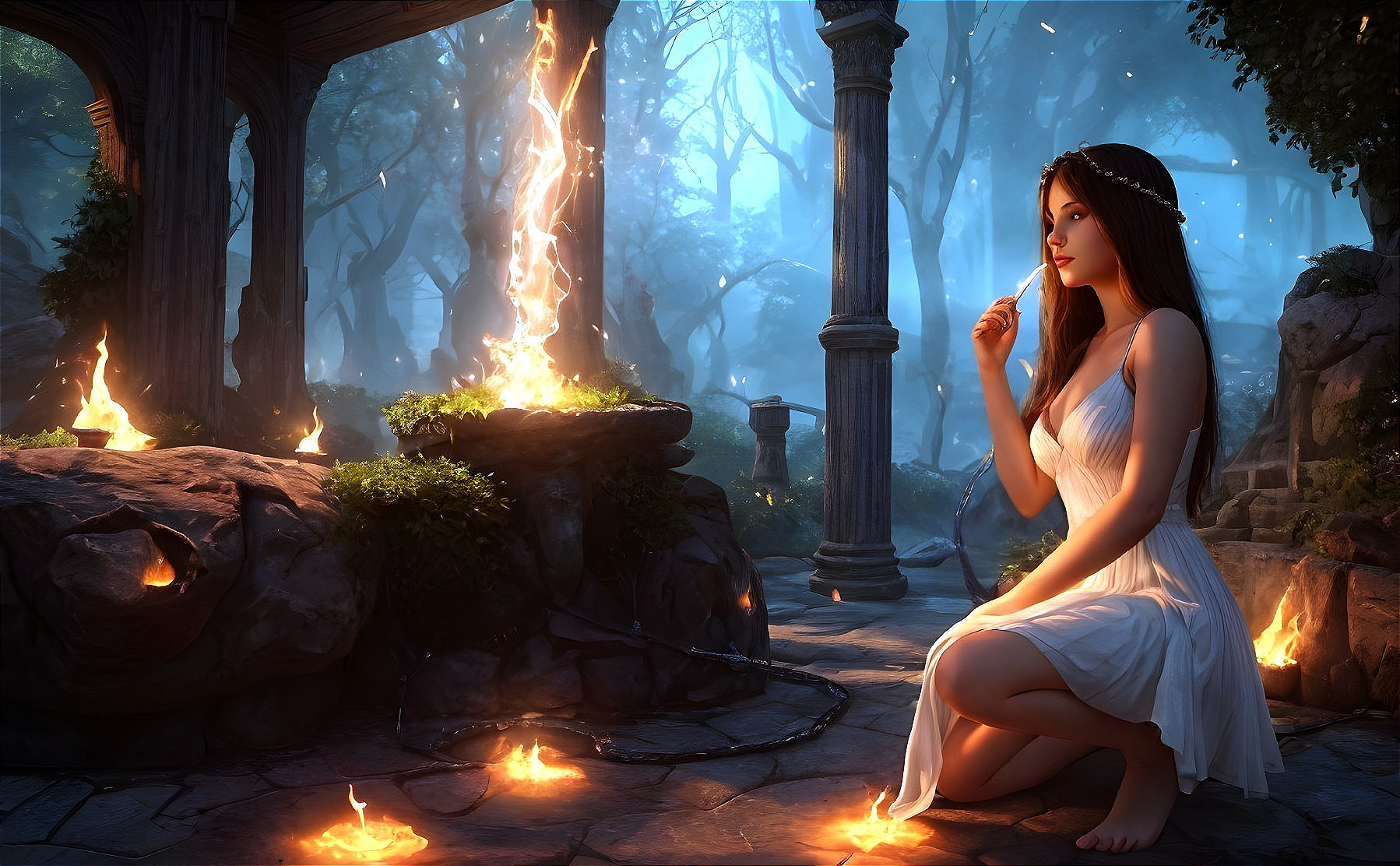 Young Woman in White Dress by Stone Altar in Forest