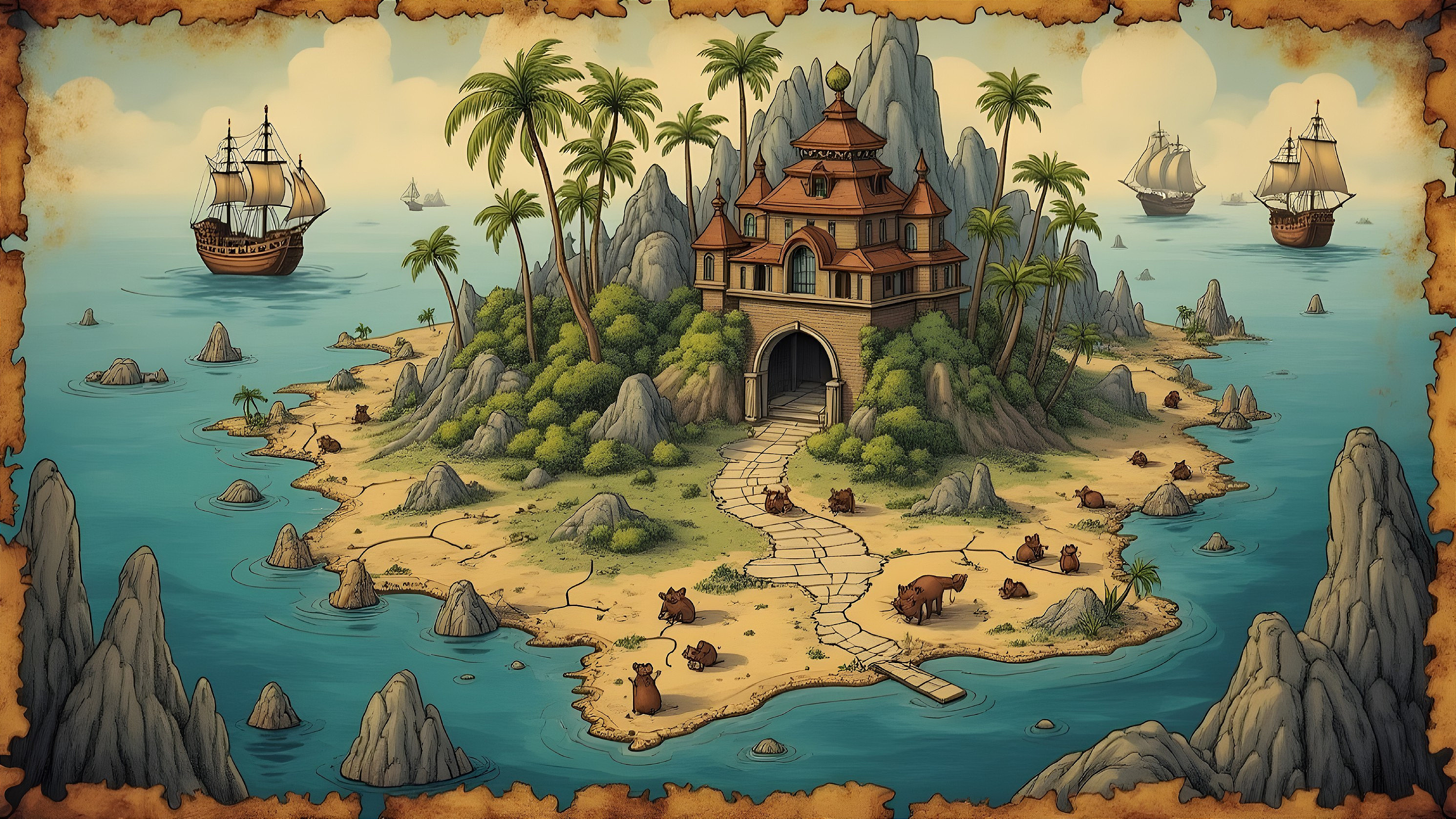 Vibrant Island Scene with Whimsical Architecture and Bears