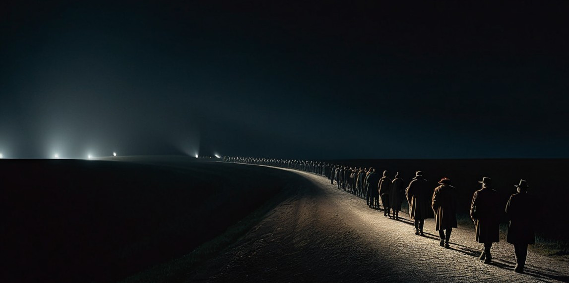 Figures in Dark Trench Coats on a Winding Path