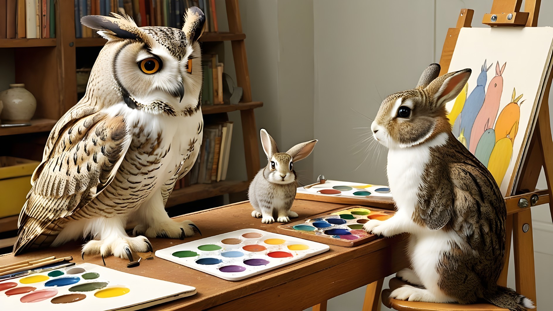 Owl and Rabbits Painting in a Cozy Art Studio