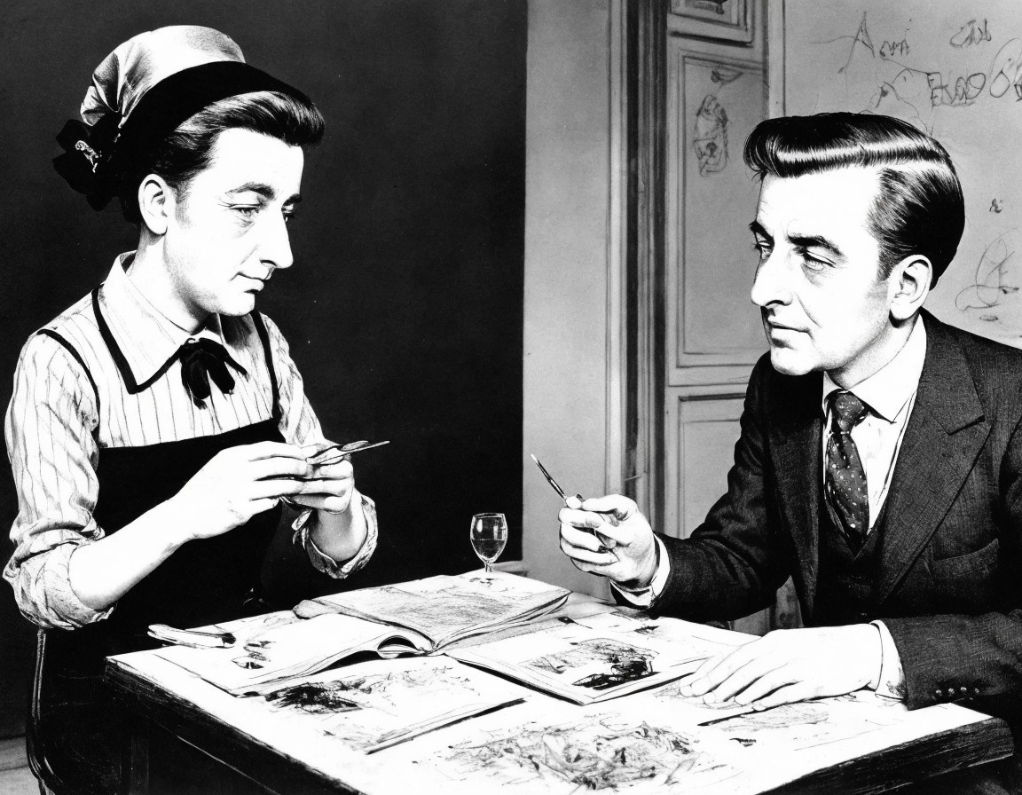Black-and-white image of a man and woman conversing