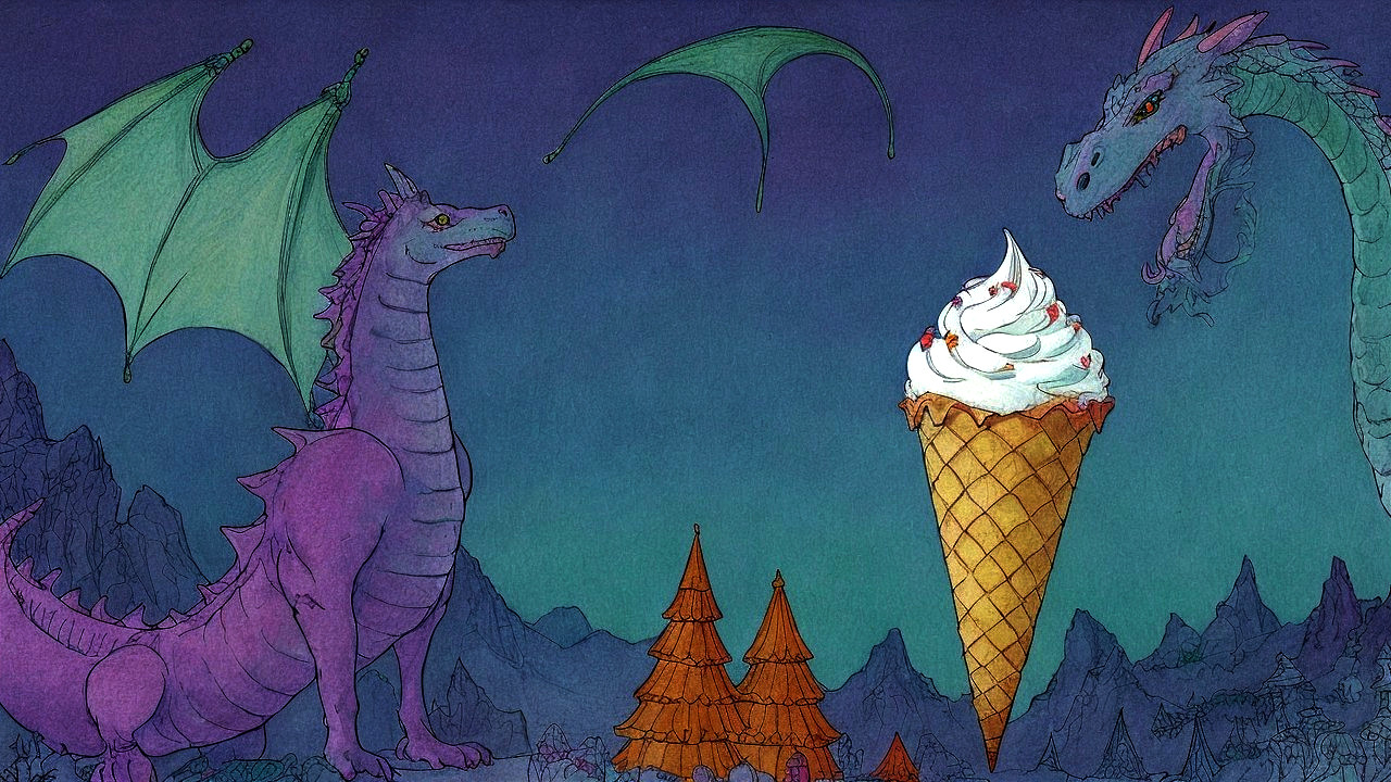 Vibrant Dragons in a Whimsical Landscape with Ice Cream