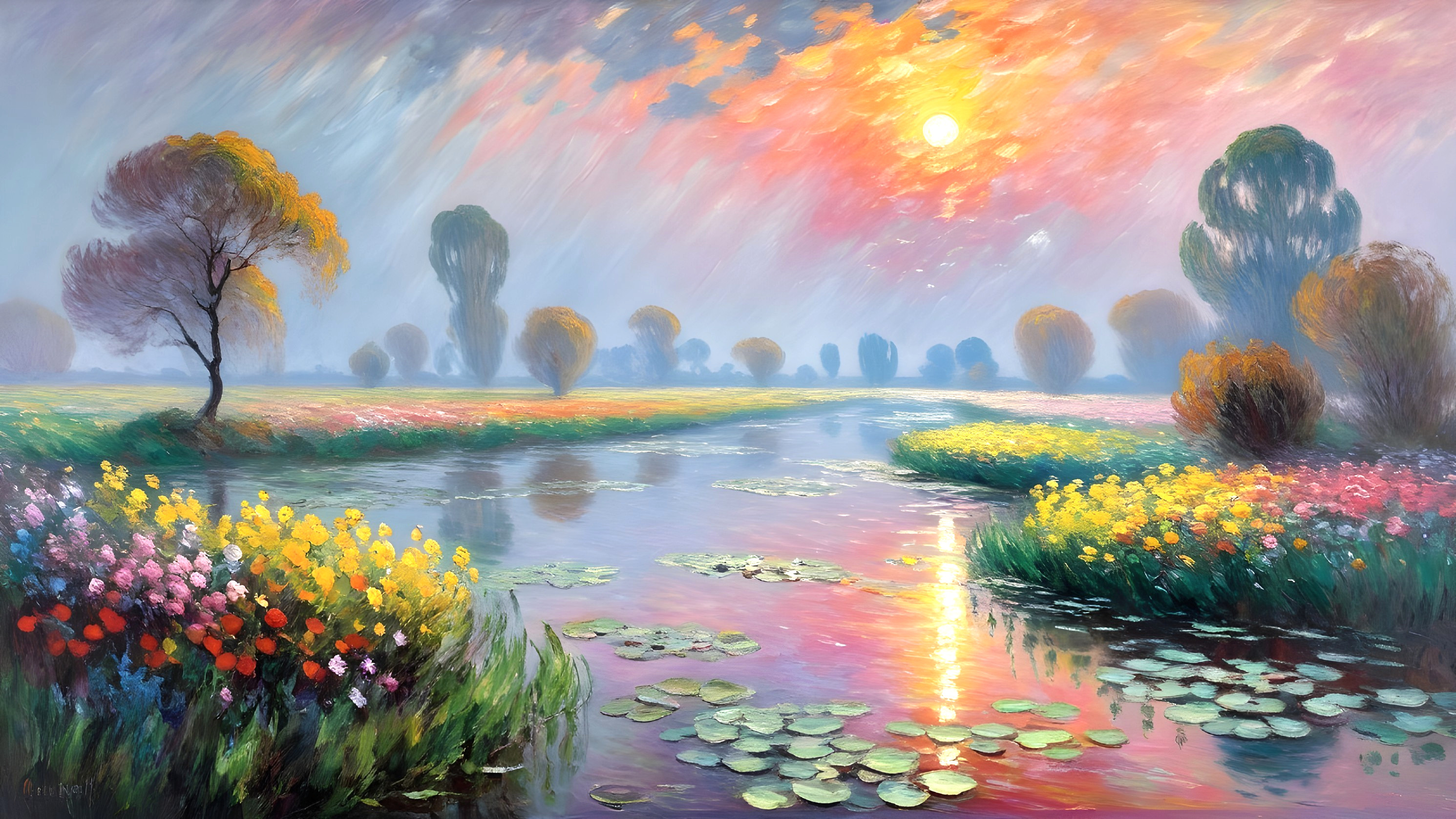 Serene Dawn Landscape with River and Wildflowers