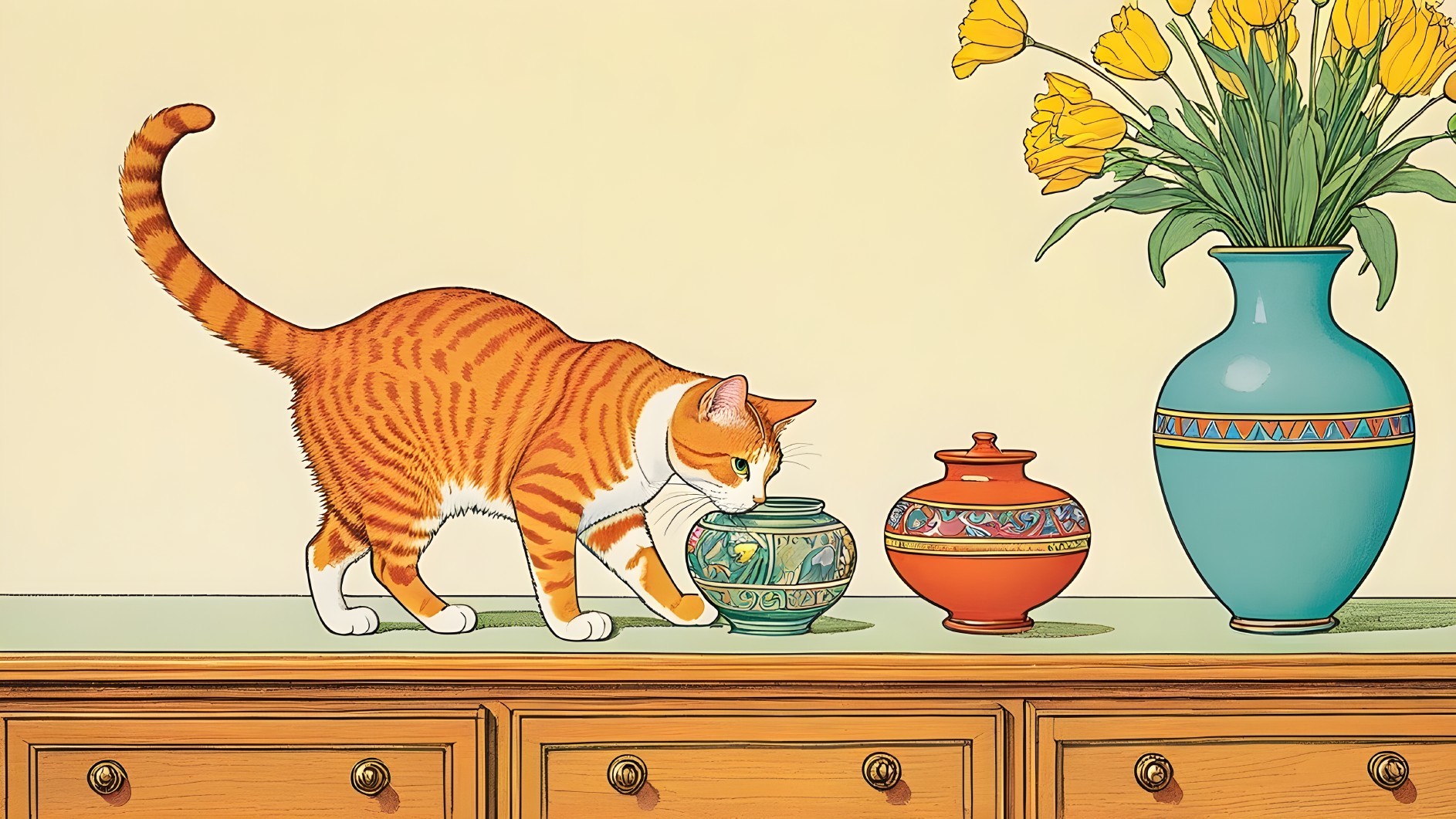 Orange Tabby Cat Examining Decorative Vases and Flowers