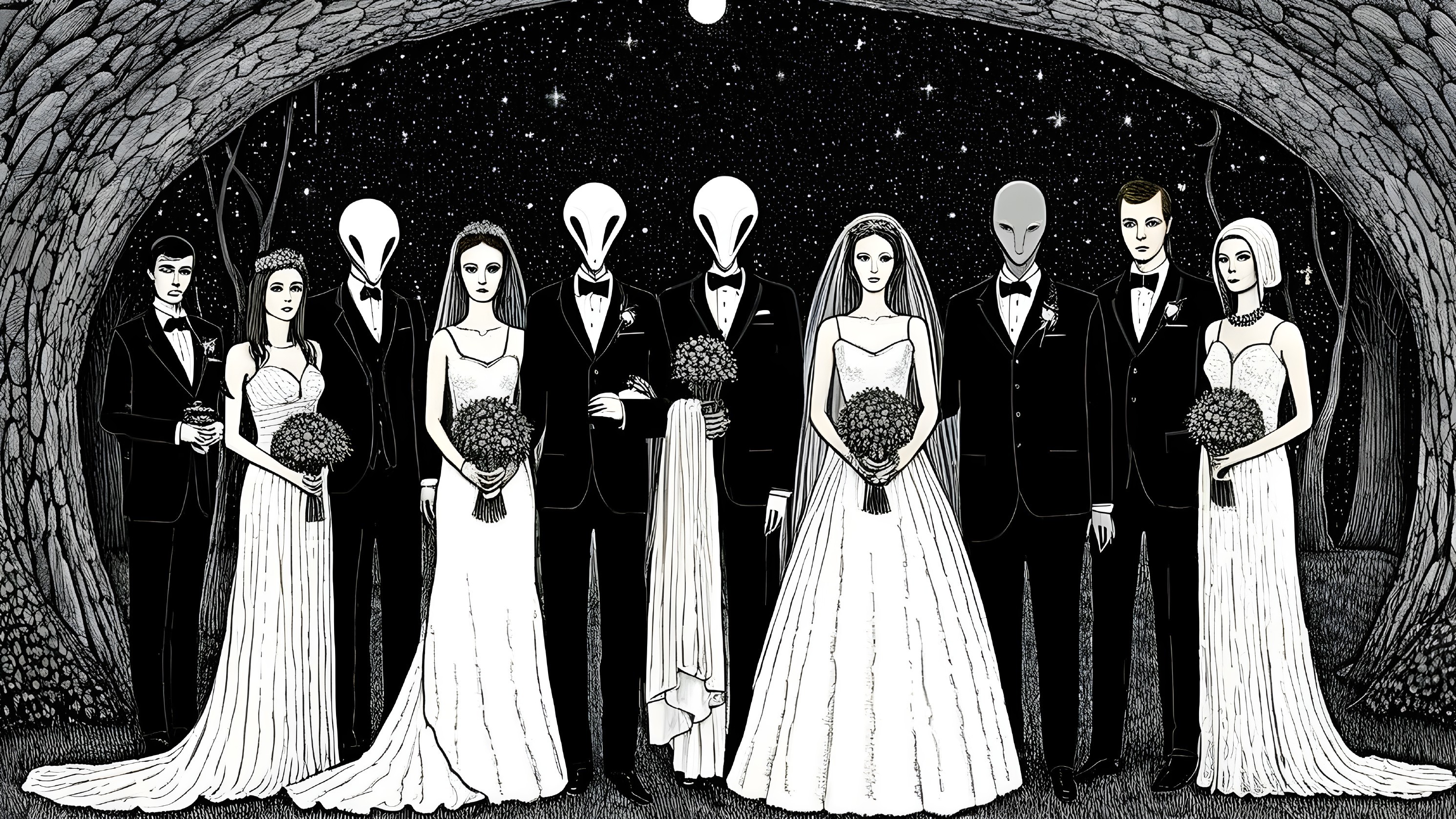 Mysterious Group in Formal Attire Under Moonlit Grove