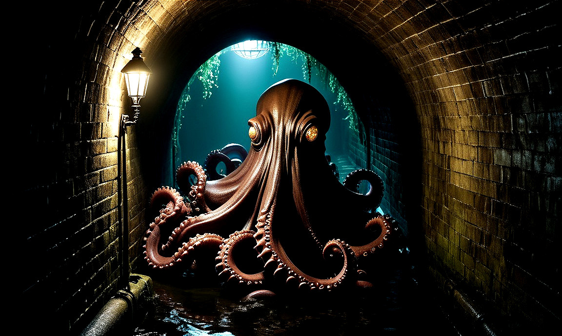 Enormous Octopus in Dimly Lit Underground Tunnel
