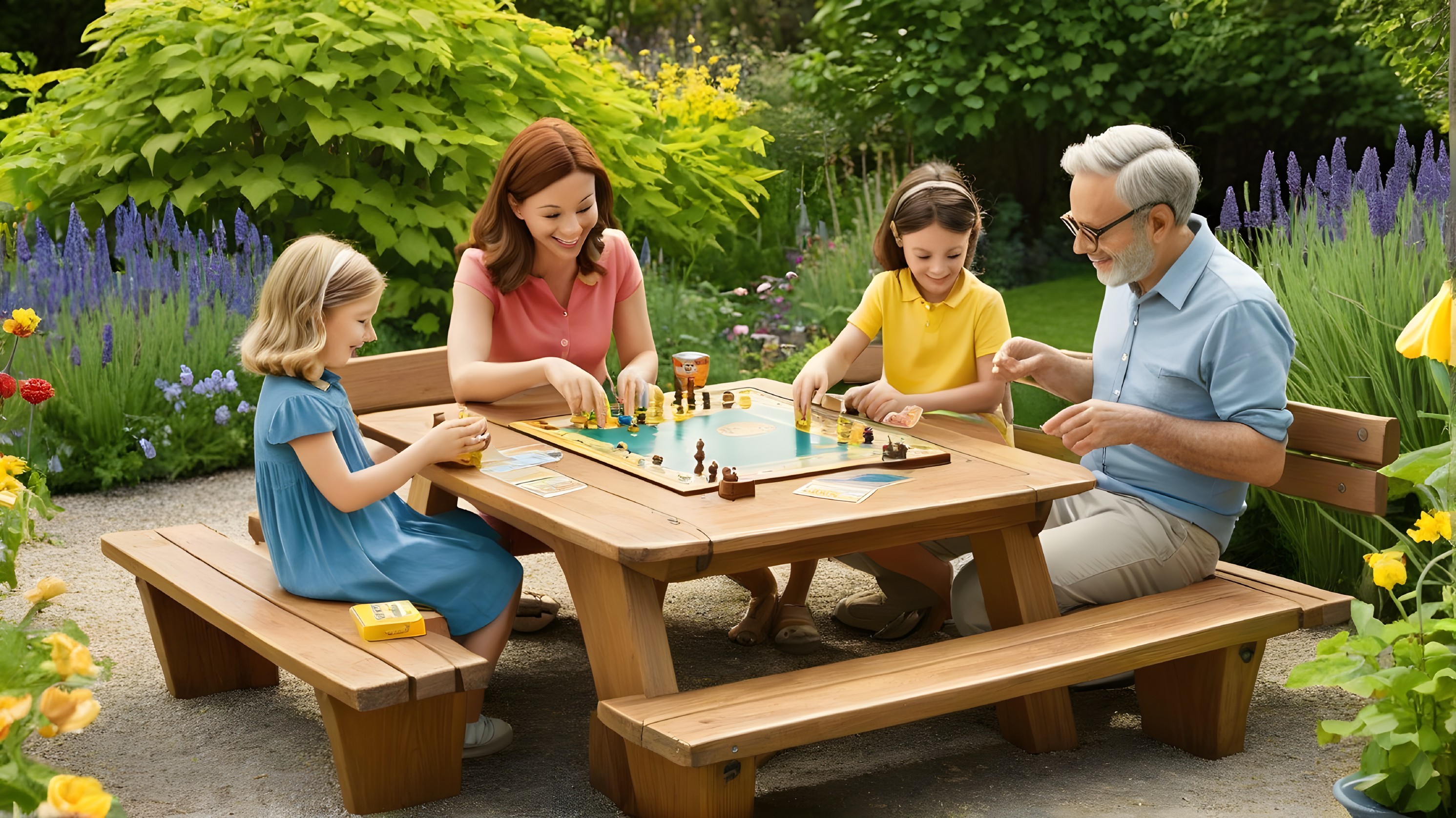 Family Playing Board Game in Vibrant Garden Setting
