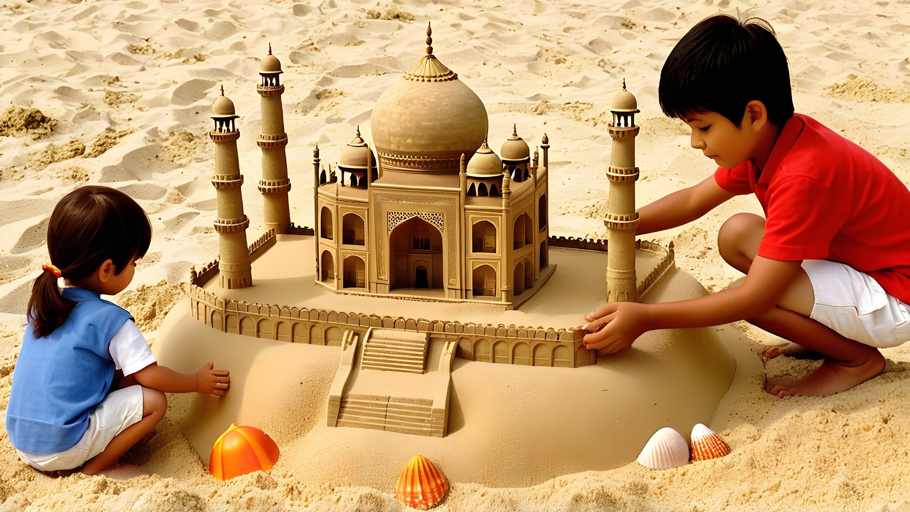 Children Building Sandcastle on Beach with Seashells