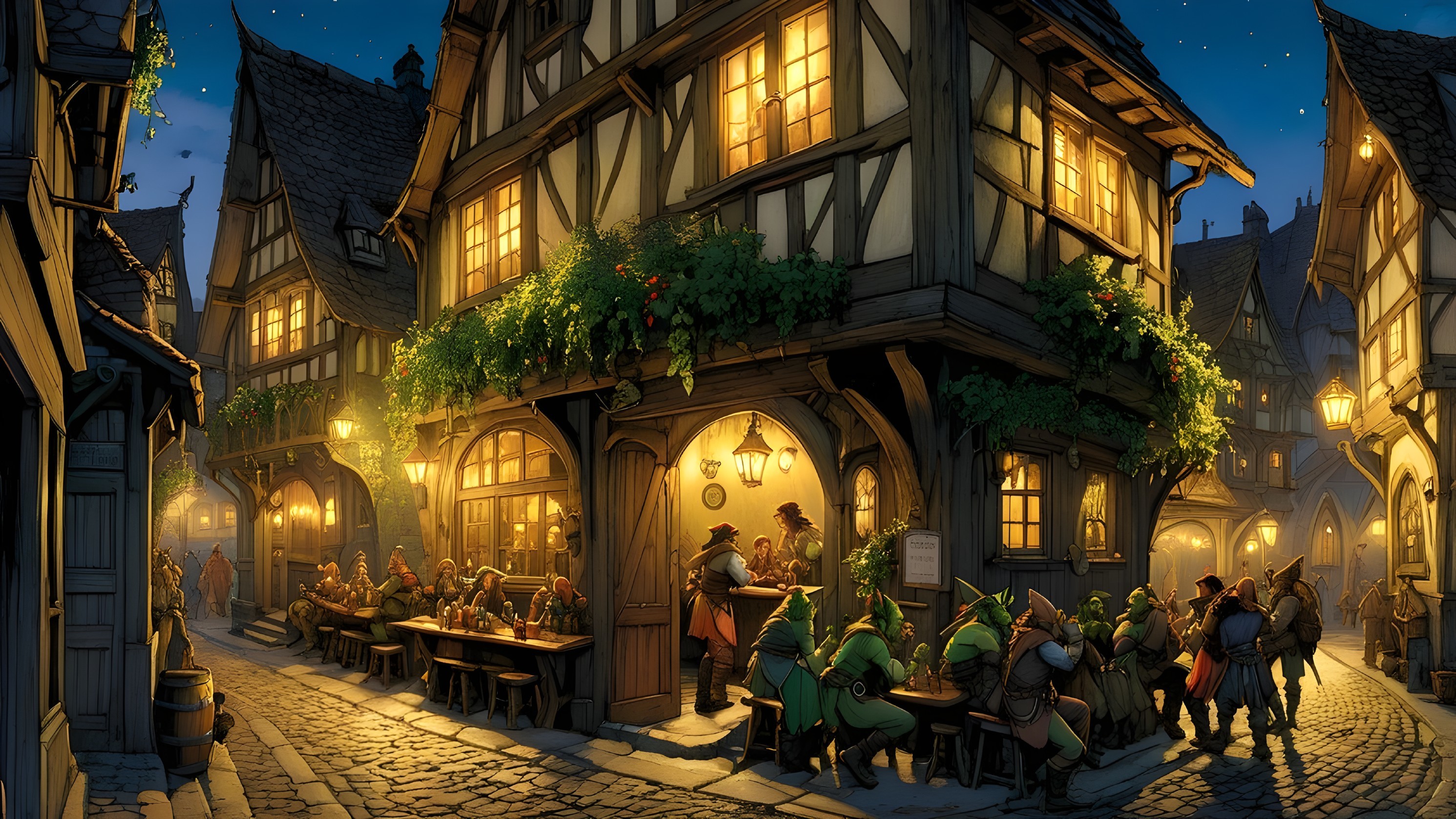 Illuminated Medieval Village Scene at Dusk