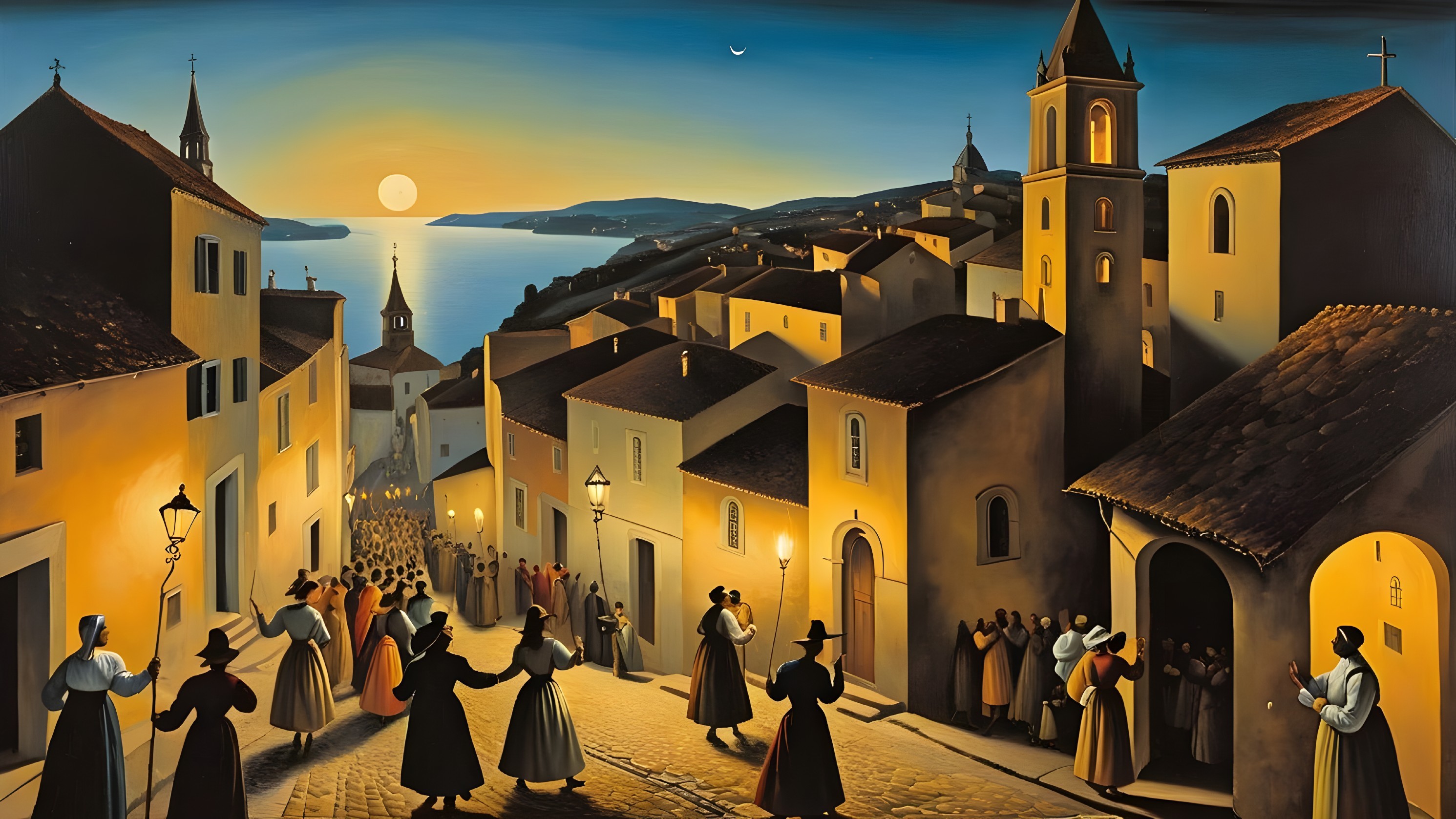 Evening Scene of Dancing Figures at Sunset in Town