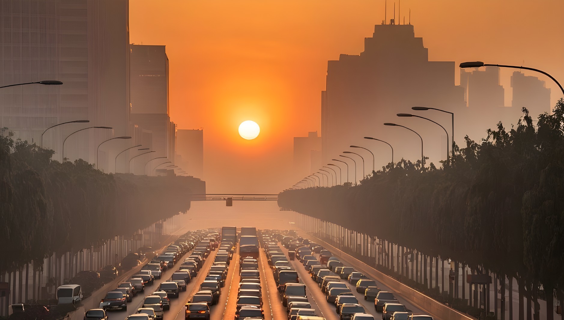 Cityscape at Sunset with Skyscrapers and Traffic