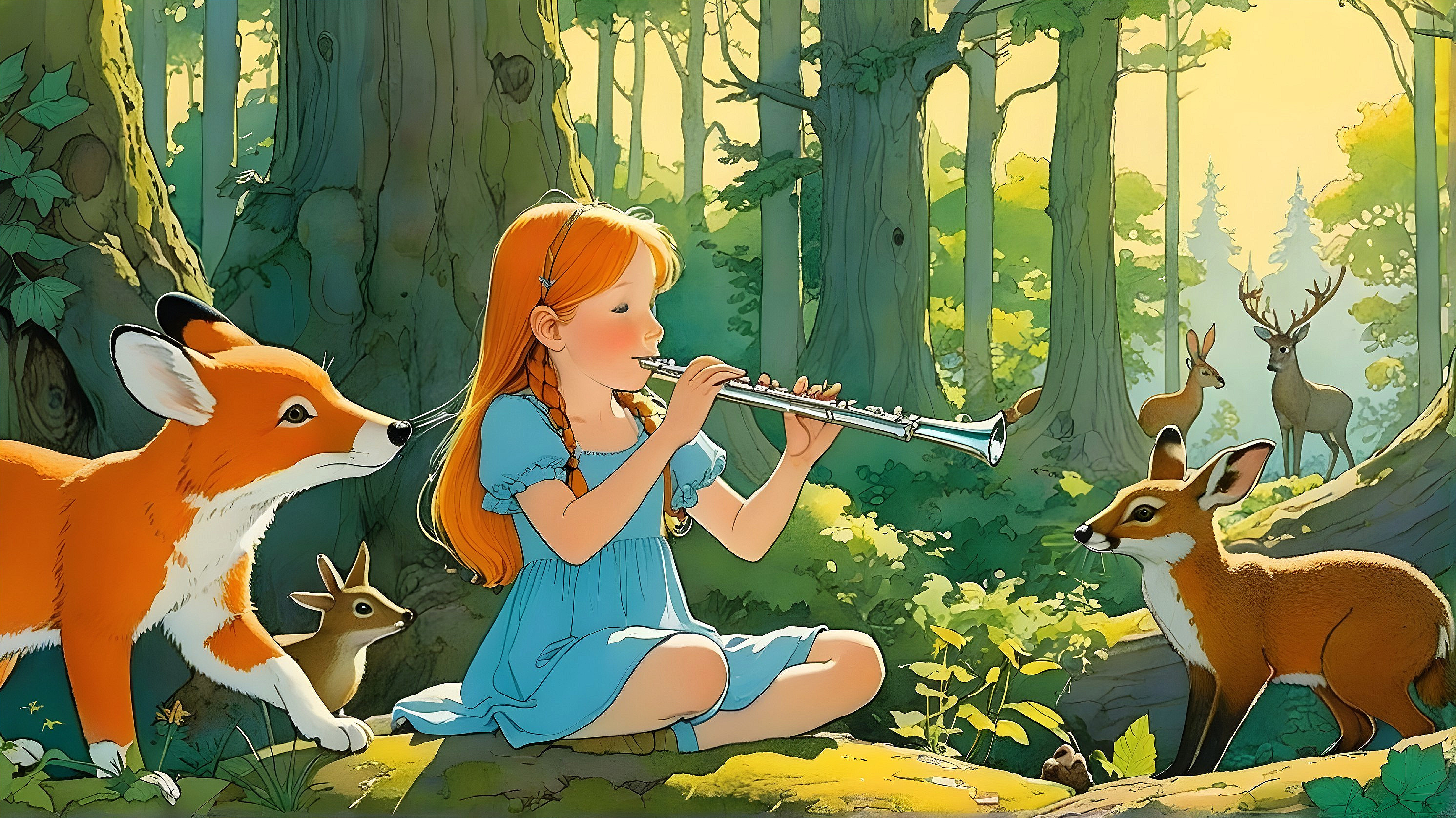 Girl with Red Hair Playing Flute in Forest Glade