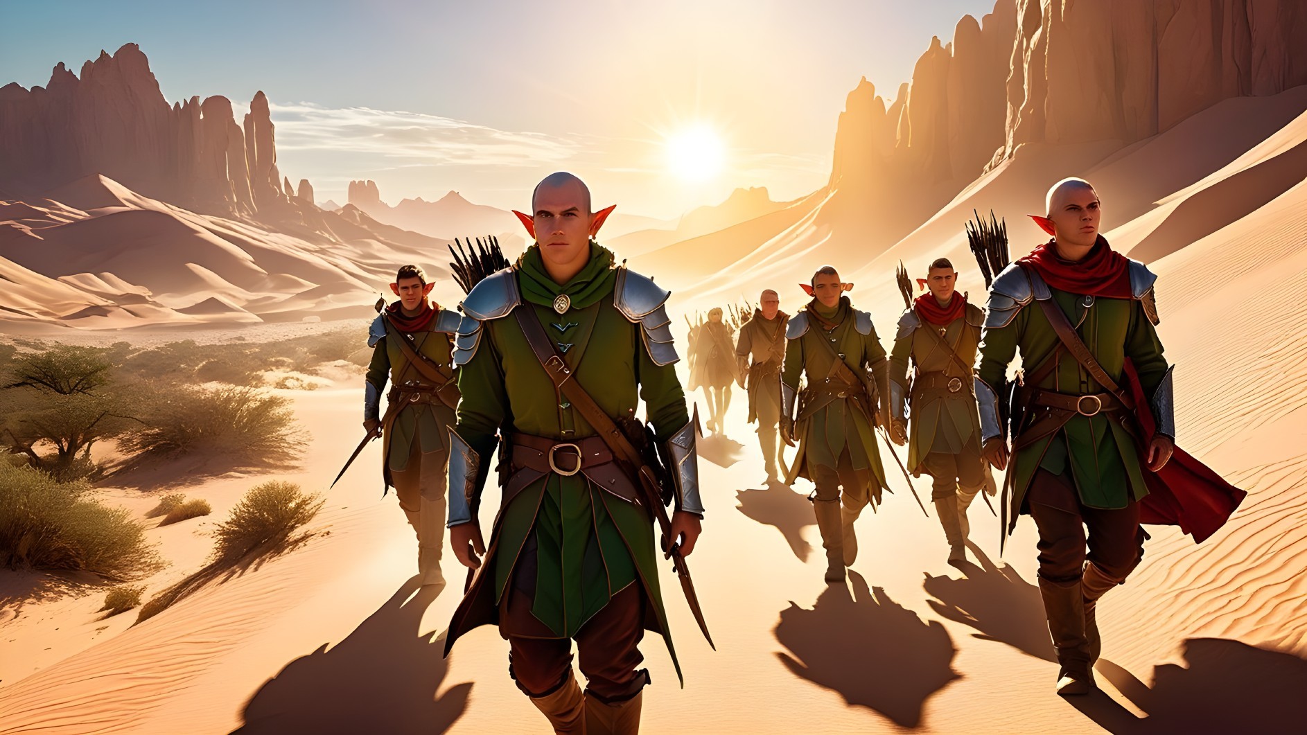 Elves in Green Tunics Cross Desert at Sunset