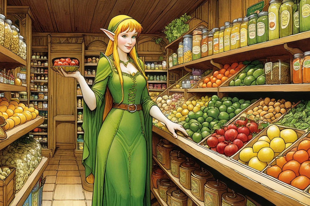 Elegant Elf in Wooden Shop with Vibrant Fruits