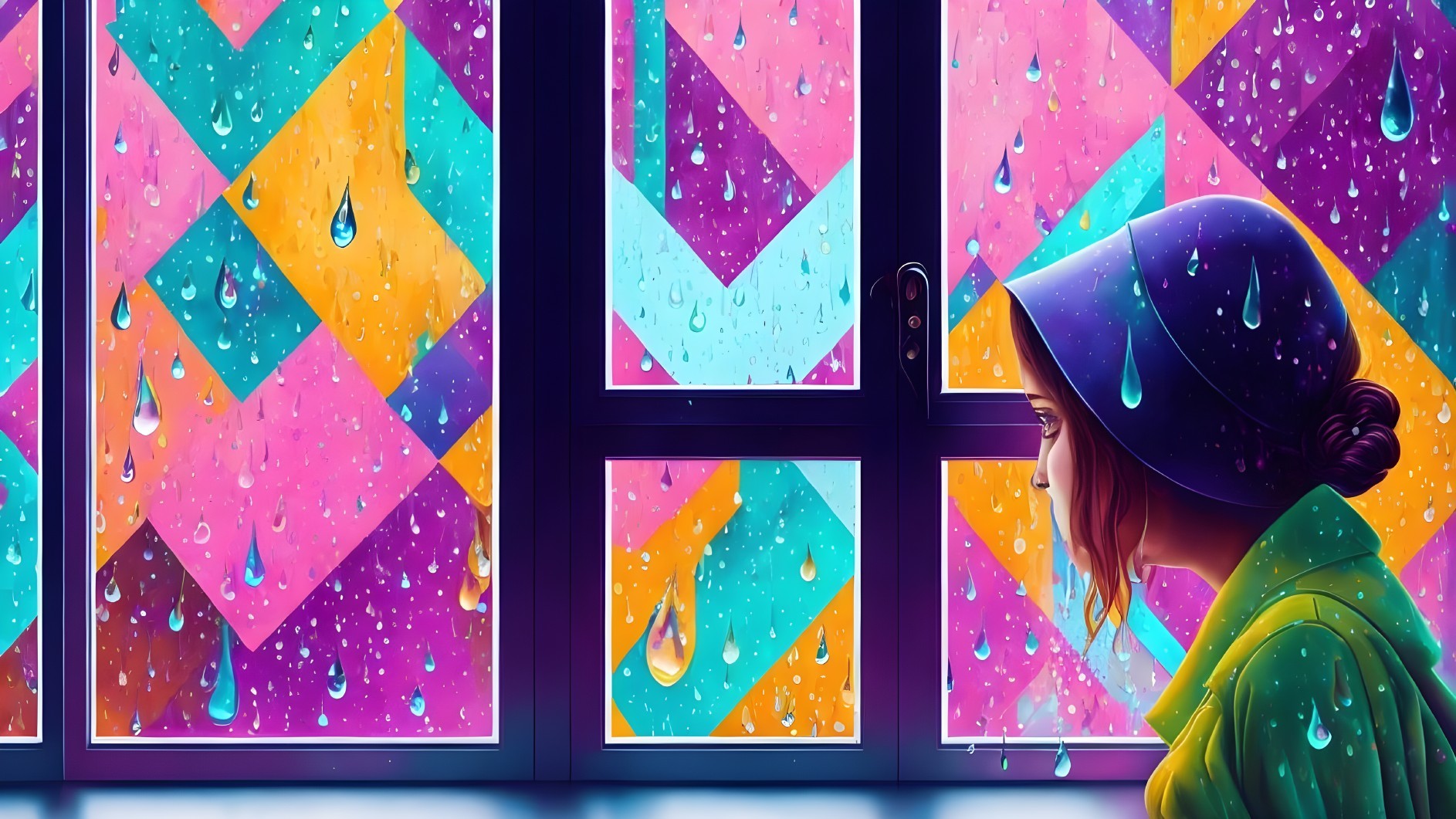 Girl in hooded jacket gazes through patterned window