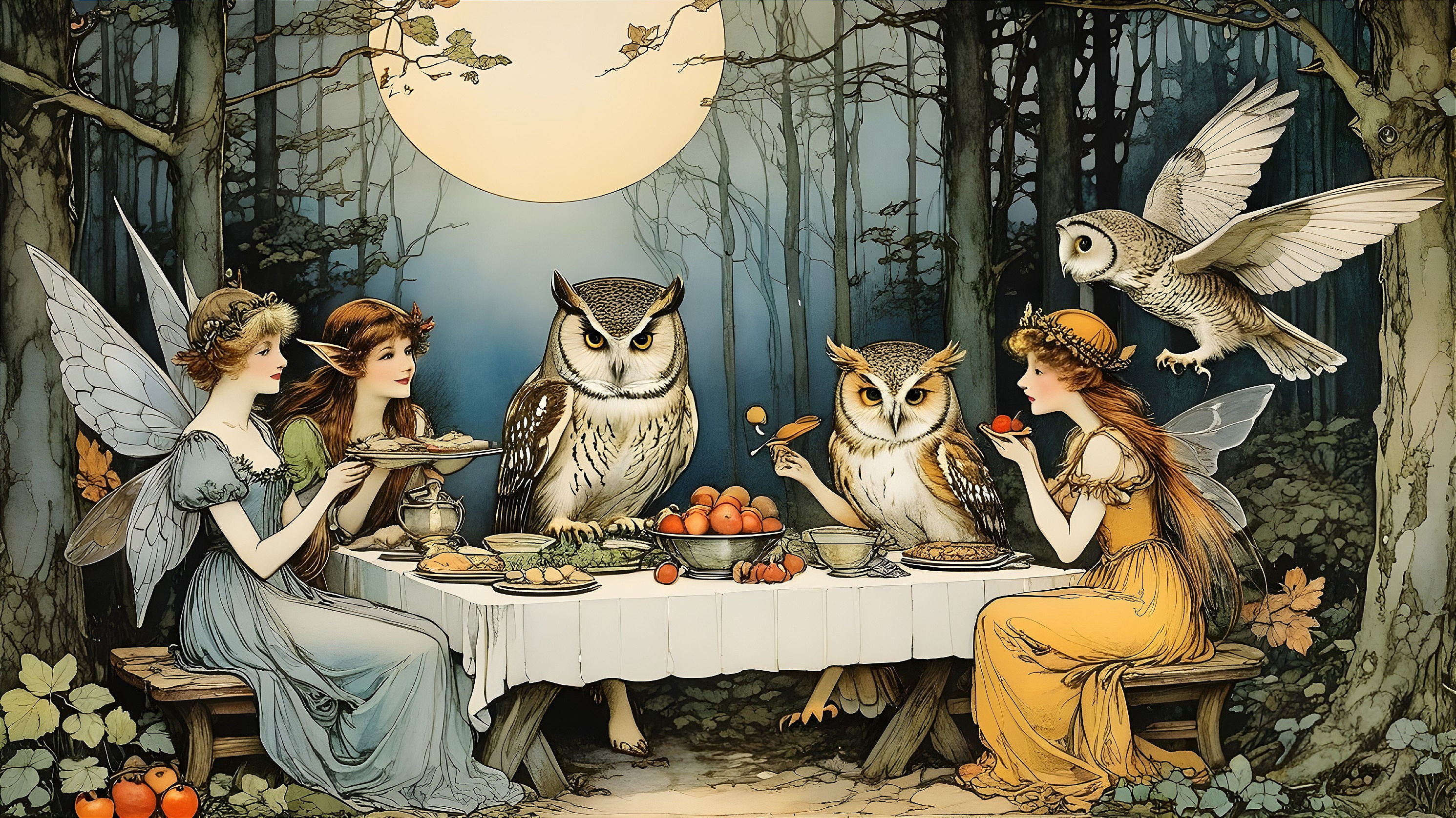 Fairies and Owls in a Moonlit Forest Gathering