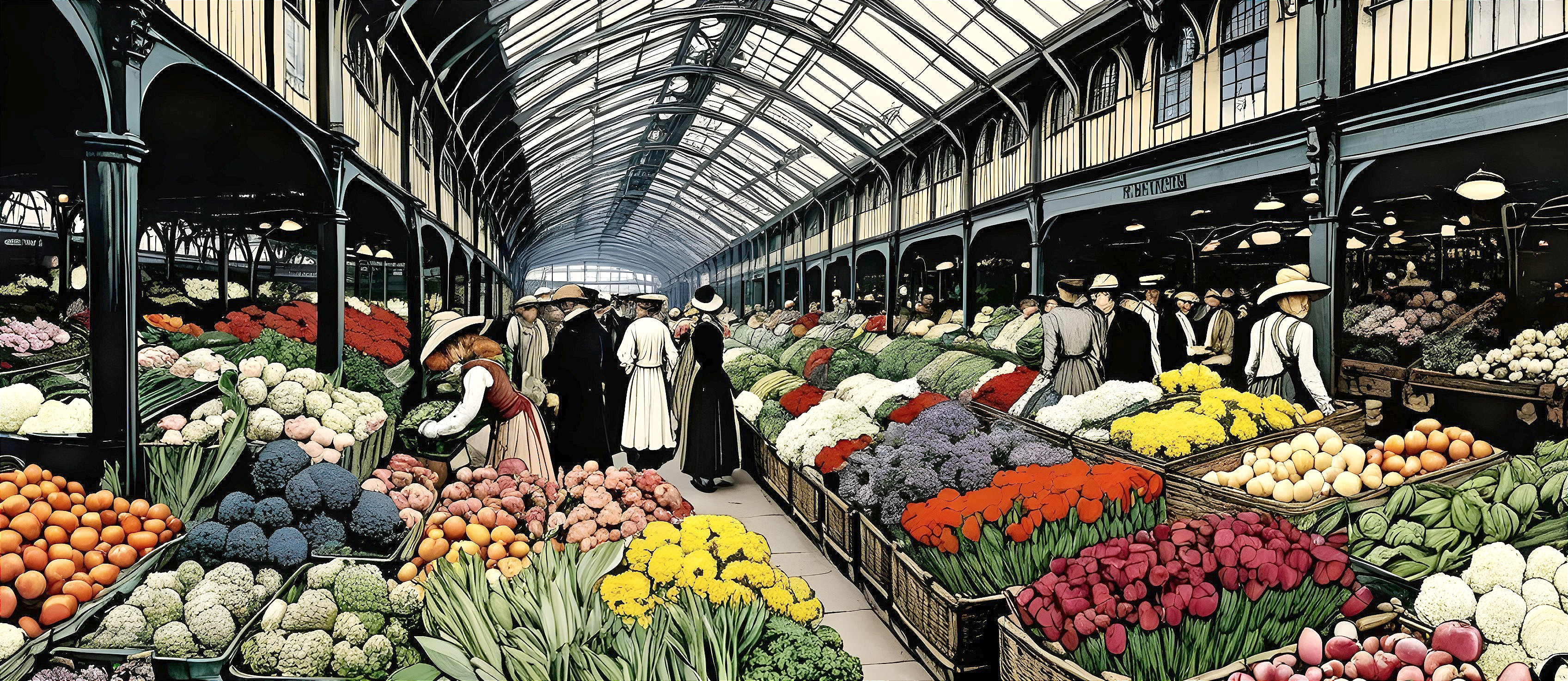 Vibrant Market Scene with Colorful Stalls and Crowds