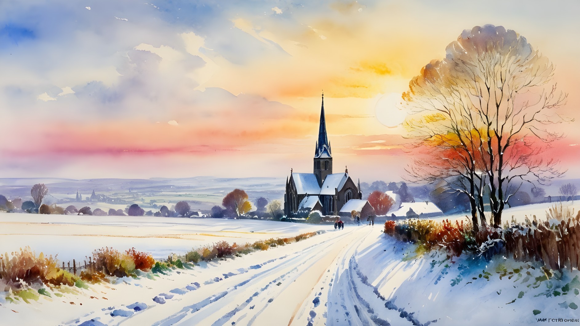 Winter Landscape with Church and Sunset Sky