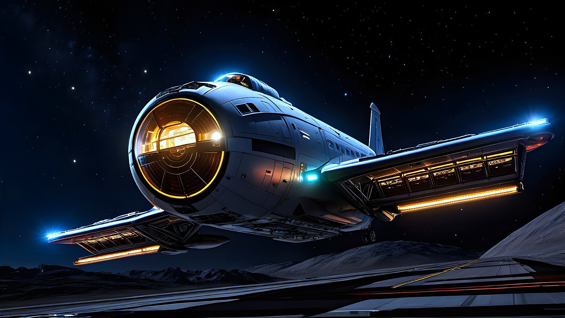 Futuristic spacecraft over lunar landscape with lights